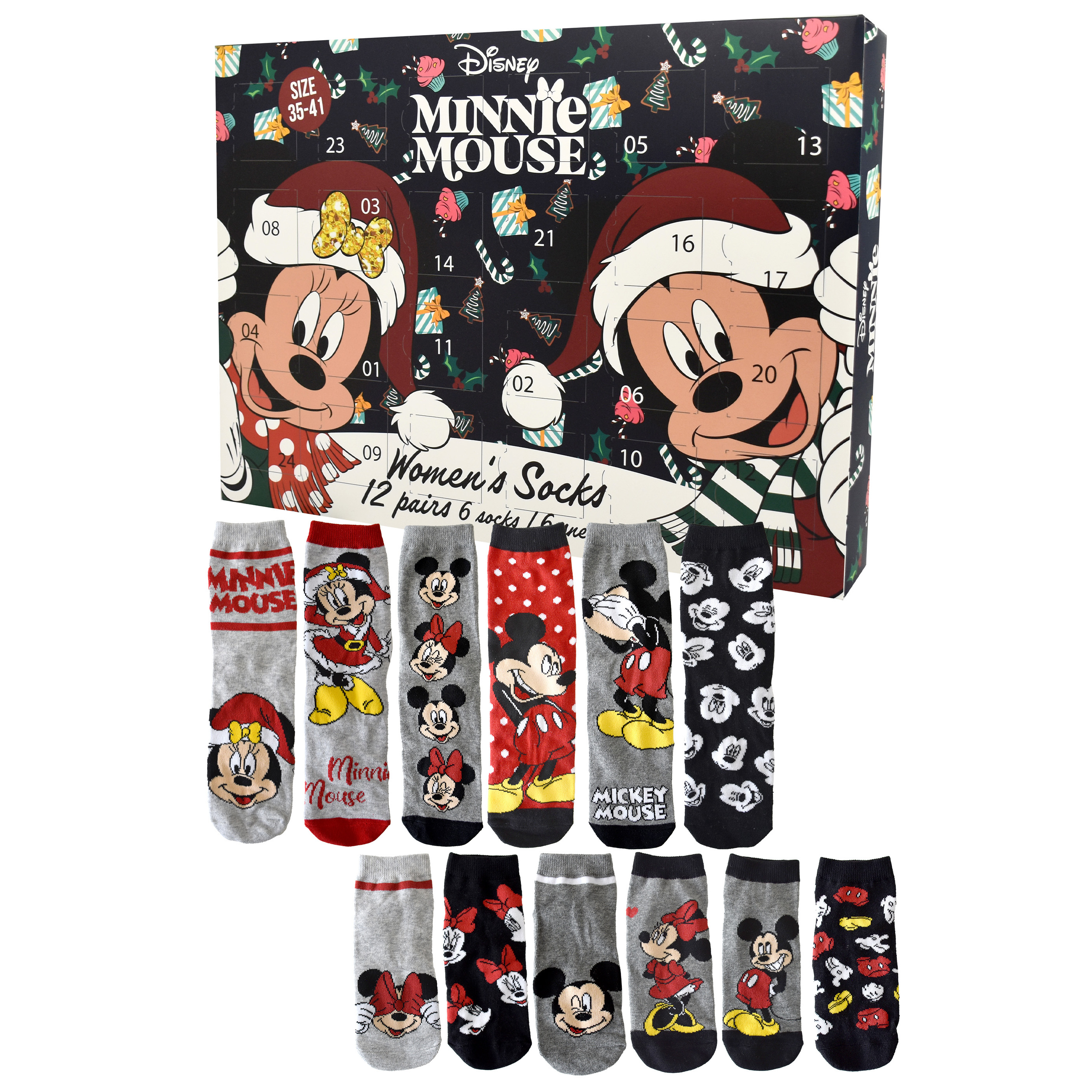 E-shop Disney Minnie Mouse Adventskalender mit 12 Paar Socken Größe 35-41 für Damen Weihnachtskalender mit Sneakers und langen Socken