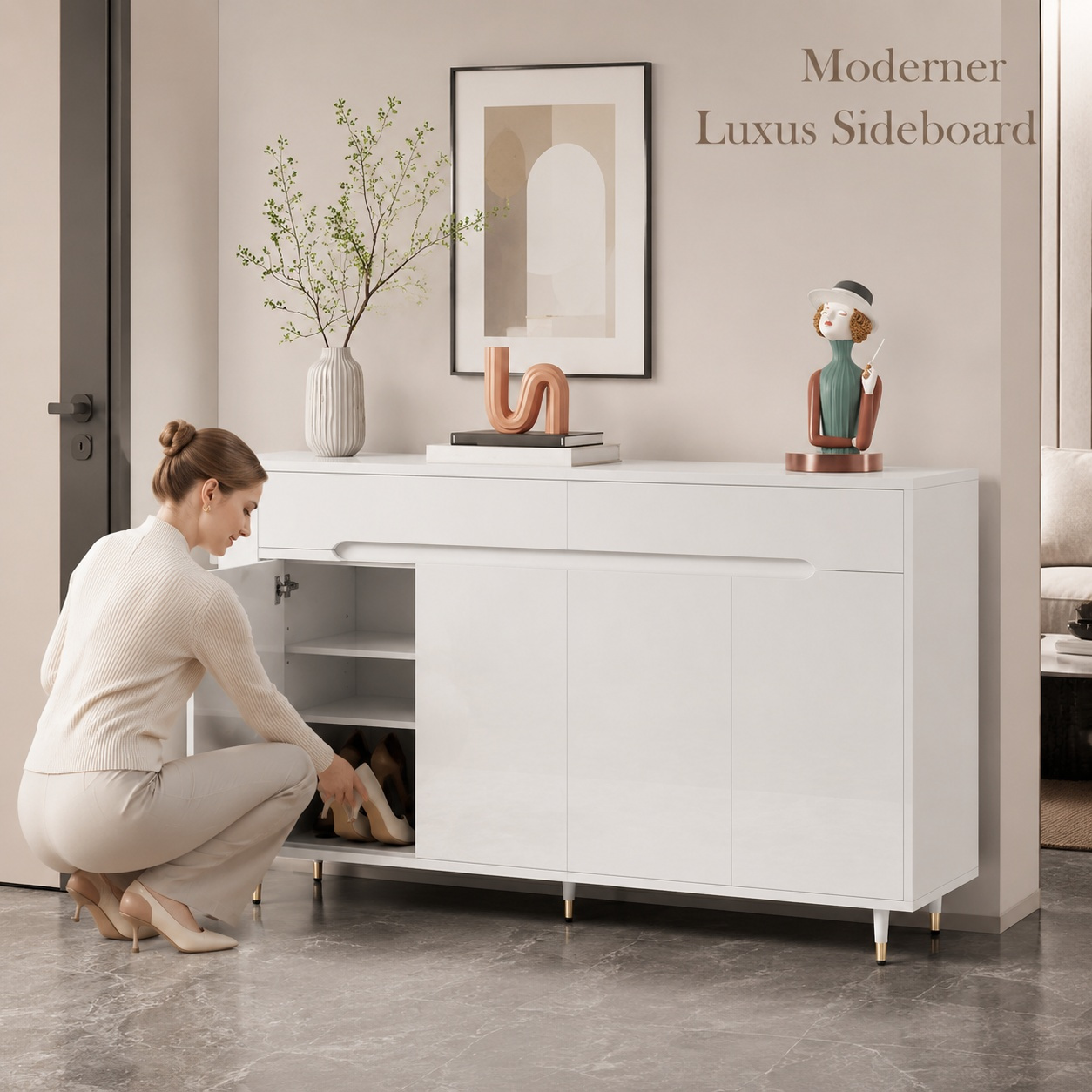 Image of Design Shoe Cabinet With Golden Feet & Adjustable Shelves – 2 Drawers, Hinges, Wood – Ideal For Hallway, Entrance, Stylish Shoe Storage.