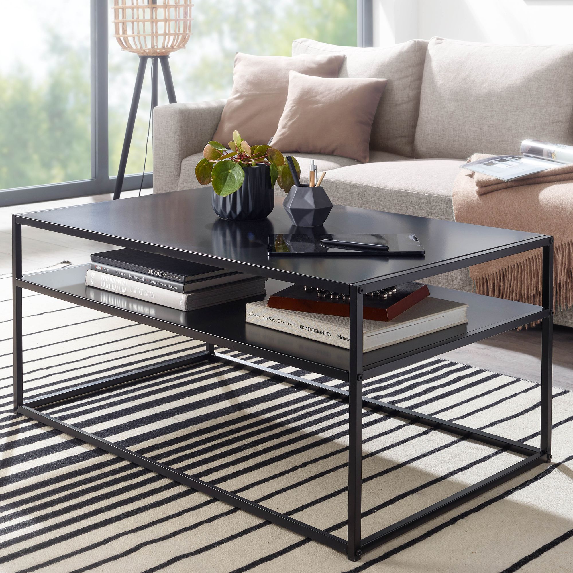 E-shop Couchtisch 100x60x45 cm Metall Wohnzimmertisch Industrial Schwarz, Sofatisch Stahl mit Stauraum, Loungetisch mit Ablagefach, Kaffeetisch