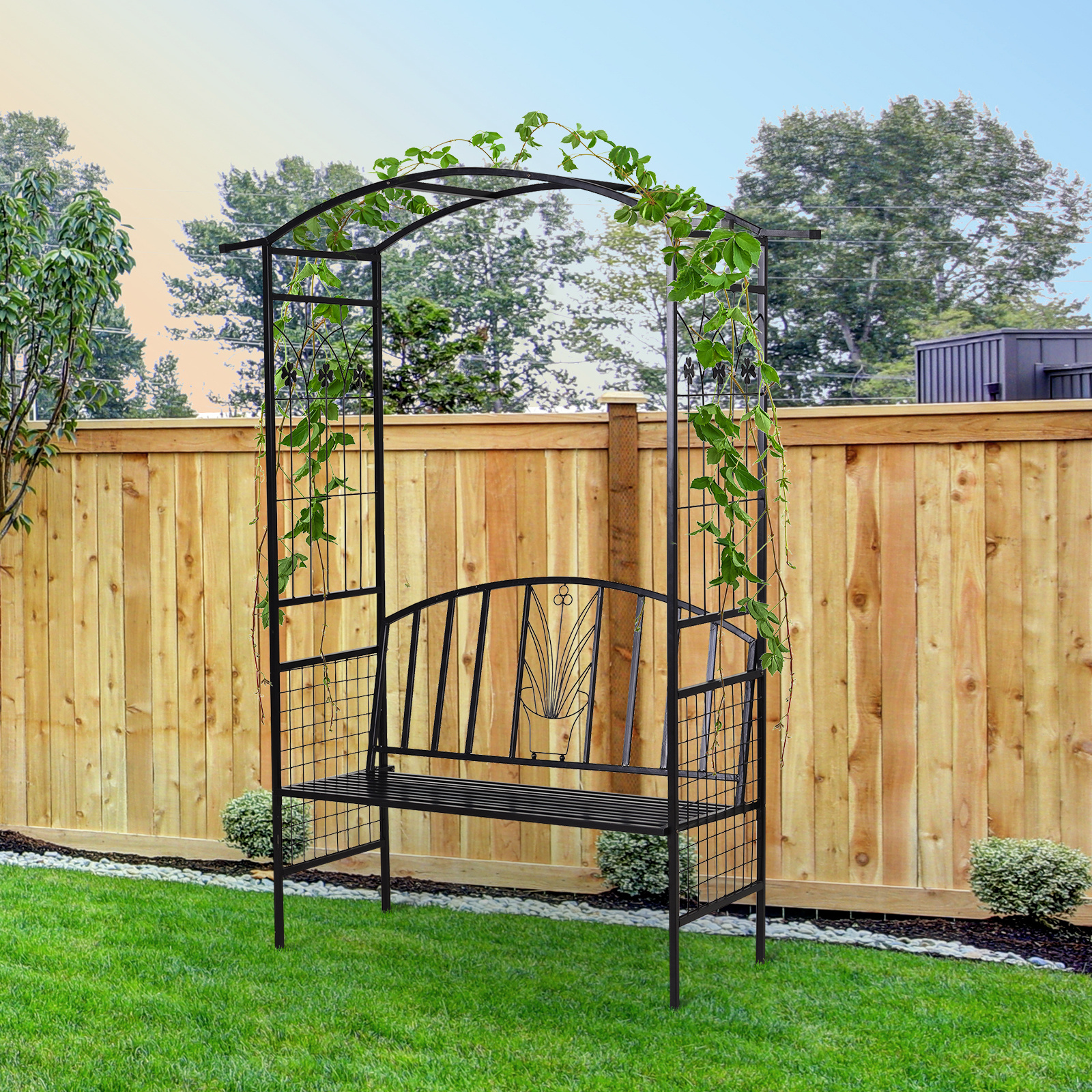 Image of Plant Arch With Bench, Bench, Gate Arch, Trellis, Aid, Garden Arch Roof, Metal, Black, 154 X 60 X 205 Cm