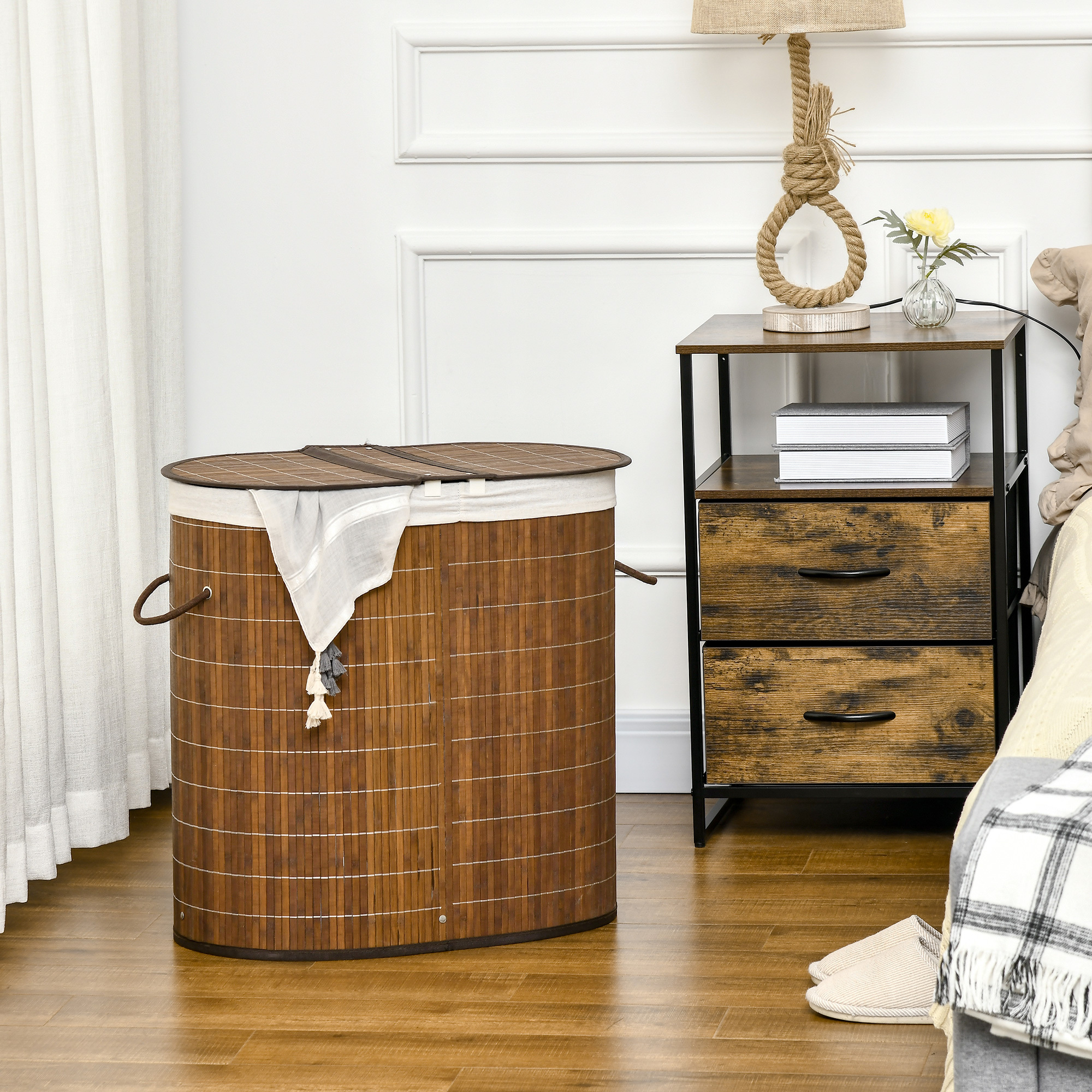 Bamboo Laundry Basket With Lid 2 Compartments 100 L Laundry Collector With Handles, Removable Laundry Bag, Laundry Baskets Laundry Sorter For Laundry Room Bedroom Bathroom, Brown