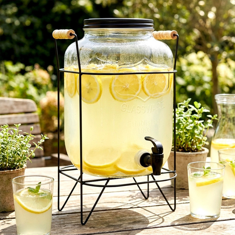 TEMU Distributeur de boissons de 8 litres avec robinet et support noir - parfait pour limonade, jus ou , idéal pour les fêtes, en verre épais avec