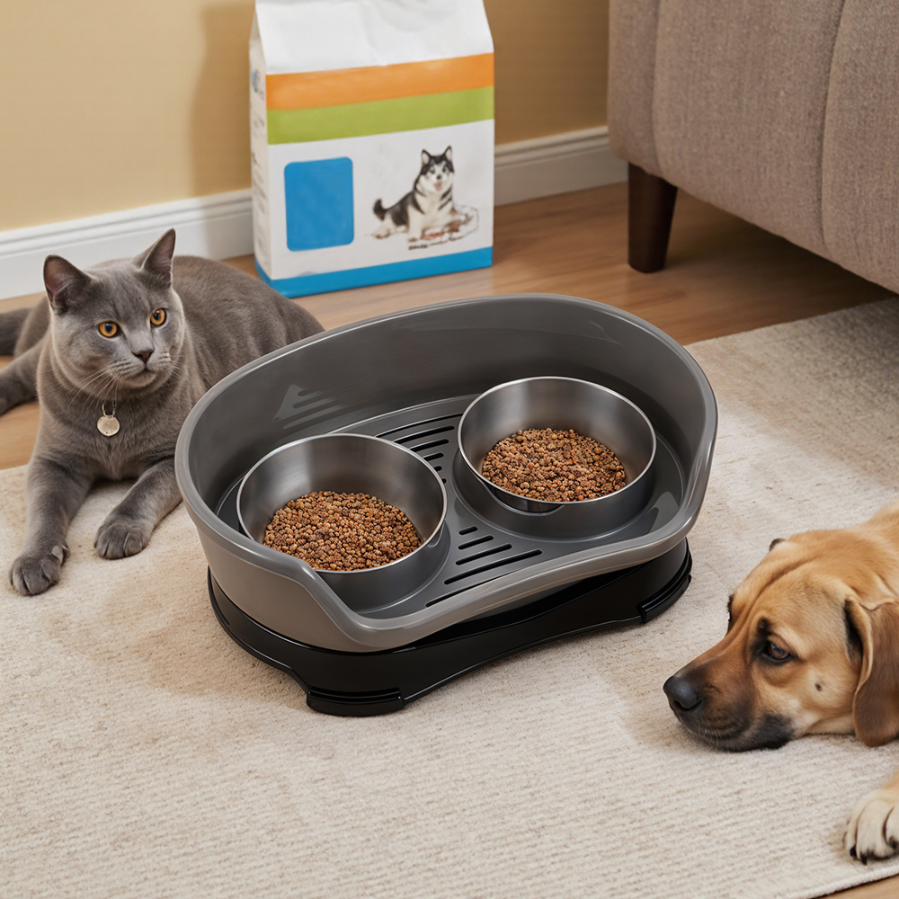 TEMU Cat Water And Food Bowl Feeder Stainless Steel Double Bowl Travel Nonslip Outdoor Food Dispenser For Kitten Puppy Small Dogs, Gray