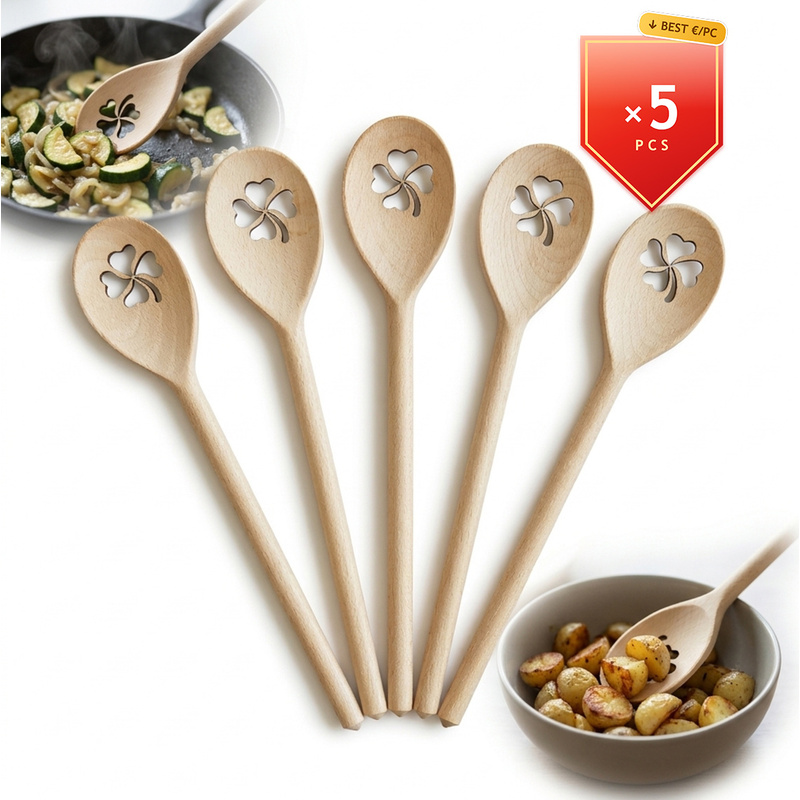 Image of 5pcs Wooden Spoon Set (30 Cm) With Embedded Clover, Swedish Spoon Made Of Wood For Stirring And Cooking, Suitable For Pots With Coating, Ideal As A Housewarming Gift