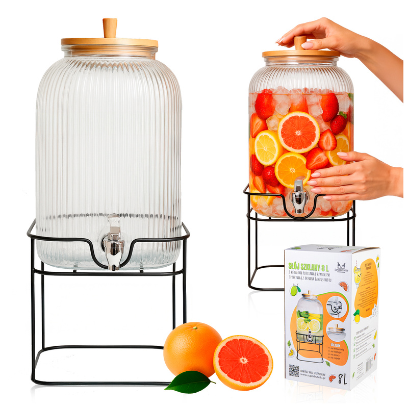 E-shop 8L Glasbehälter mit Metallrippenständer, für Limonade, Wasser, Saft und Bambusdeckel