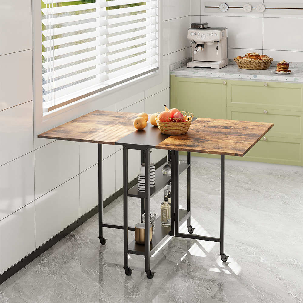 TEMU Space-saving Foldable Dining Table, Vintage Kitchen Table With Wheels And Storage Racks, Strong Metal Black Legs, , 120x80x76cm