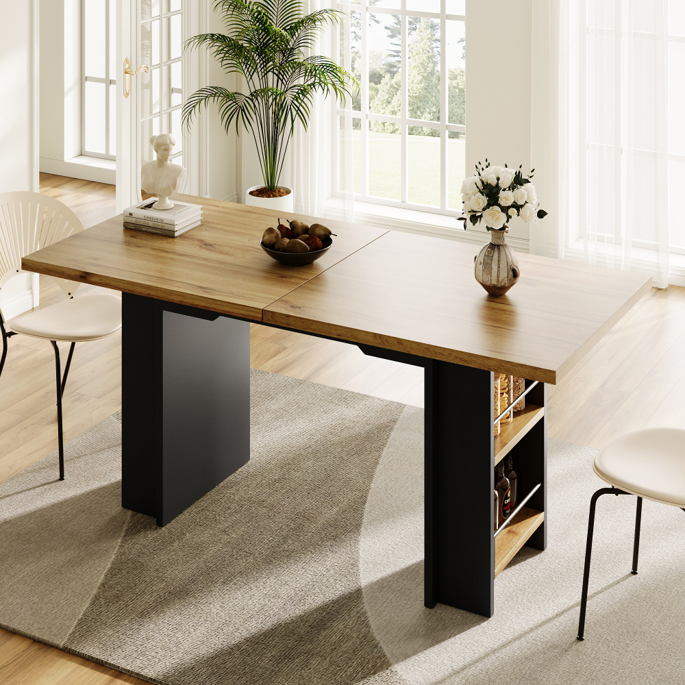 Image of Extendable Dining Table 120-160x80 Cm – With Shelves, Wood Look, Design, For Kitchen & Dining Room