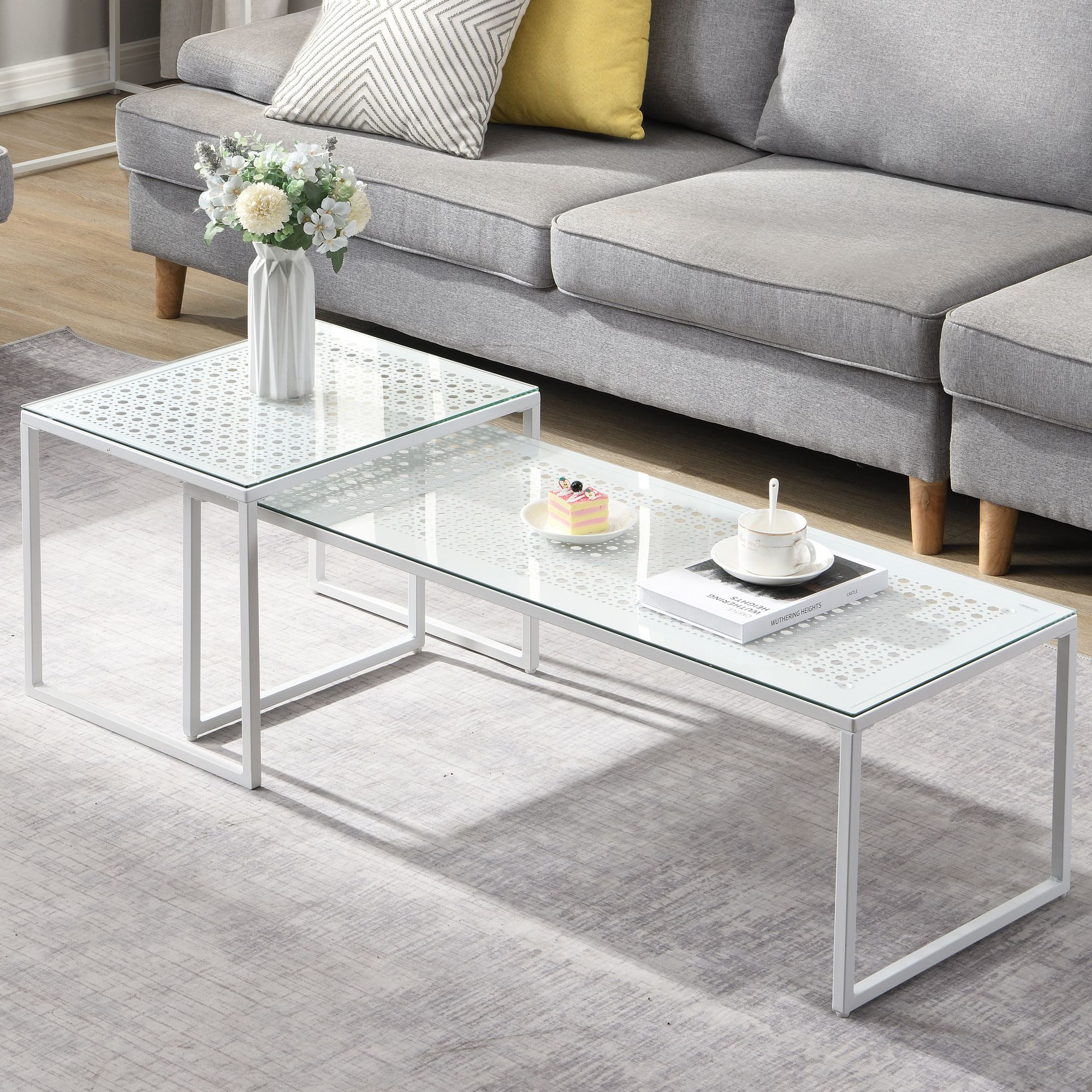 Glass And Metal Nesting Tables 2-piece Set, Modern Coffee Table, Space- Design Sofa Table, Living Room Table, Rectangular & Table