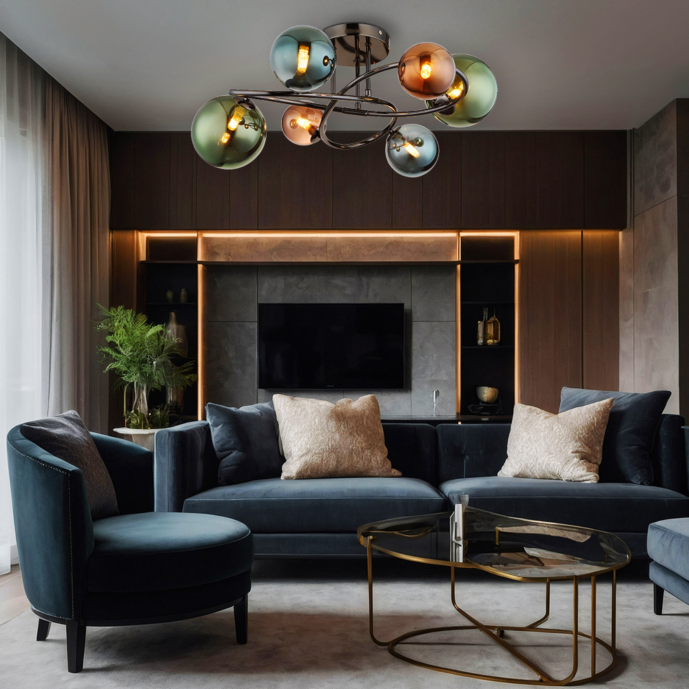 Image of Ceiling Light, Living Room Lamp, Glass Dining Room Light, Metal Grey, Led 6x 3.5w 290lm Warm White, D 65 Cm