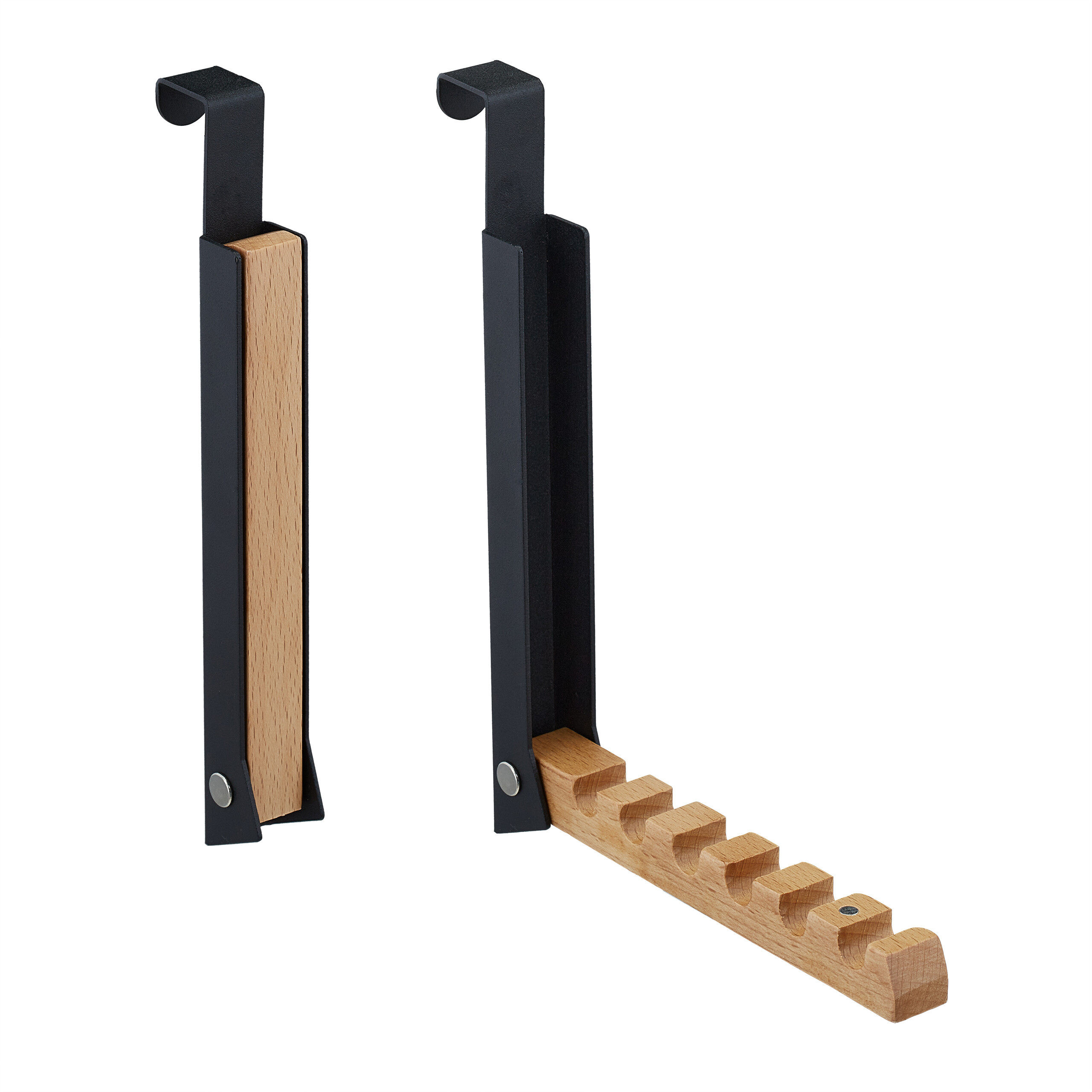 Image of Folding Over-the-door Hooks, 2-pack, 21 X 2.5 X 18 Cm, Iron And Lotus Wood, Black, For Closet Doors, Room Doors, And , To 6 Hangers, Door Hooks, Coat Hangers, Hook Rail, Relaxdays