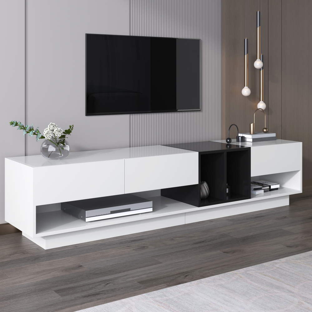 Tv Cabinet White Black | High Gloss | 3 Drawers | Open Compartments | | Living Room Lowboard