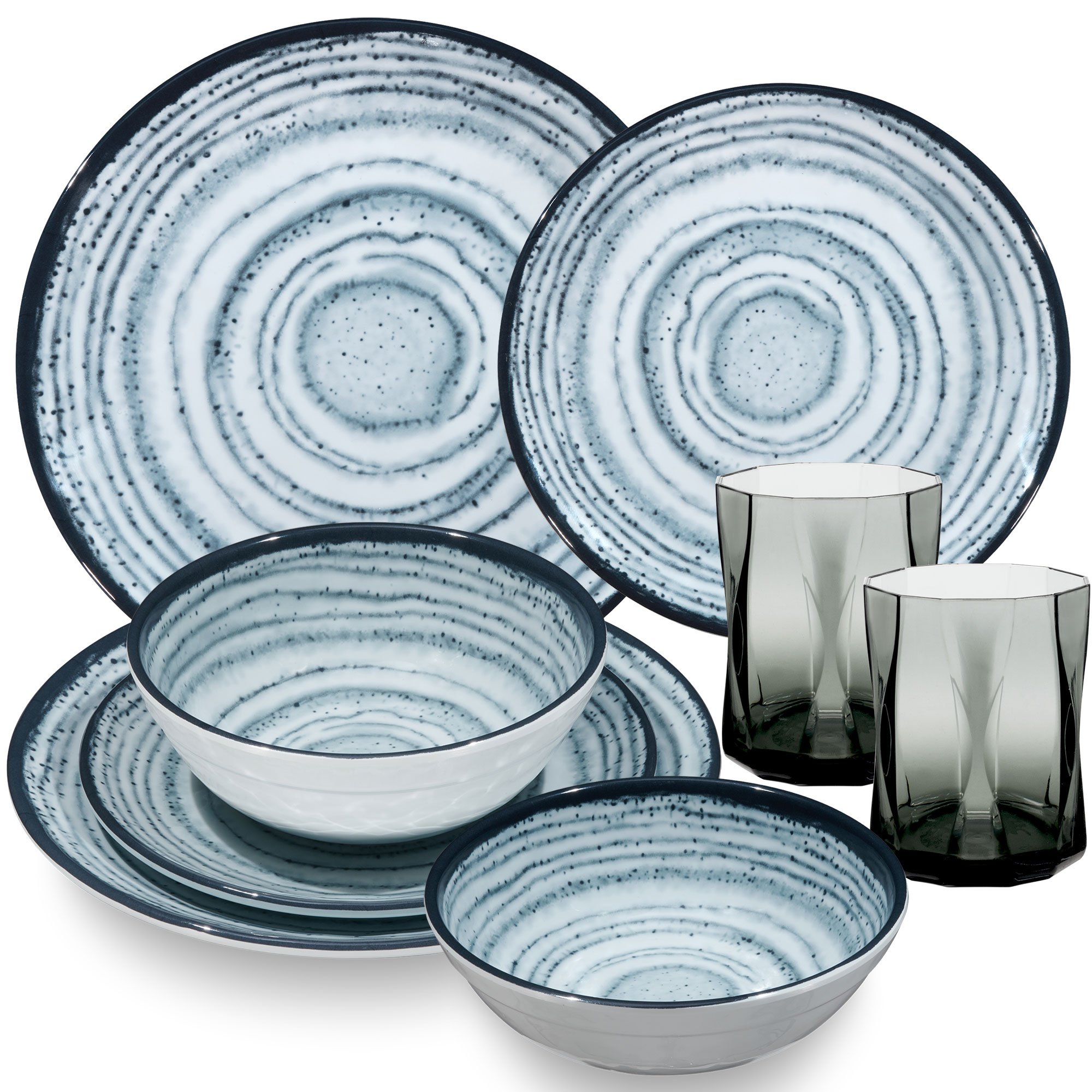 Melamine Dinnerware Set For 2 People - 8 Pieces - With Grey Drinking Glasses 300 Ml - Stoneware Look Dishwasher Safe Tableware Camping Accessories Camping Dishes Camping