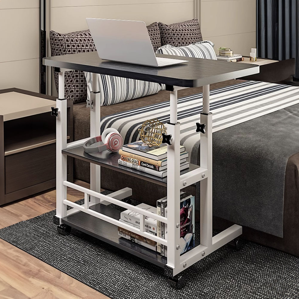 TEMU Height Adjustable Mobile Computer Desk With Wheels, 2-tier Storage Shelves Rolling Workstation, Bed Side Laptop Table, Space Saving Design For