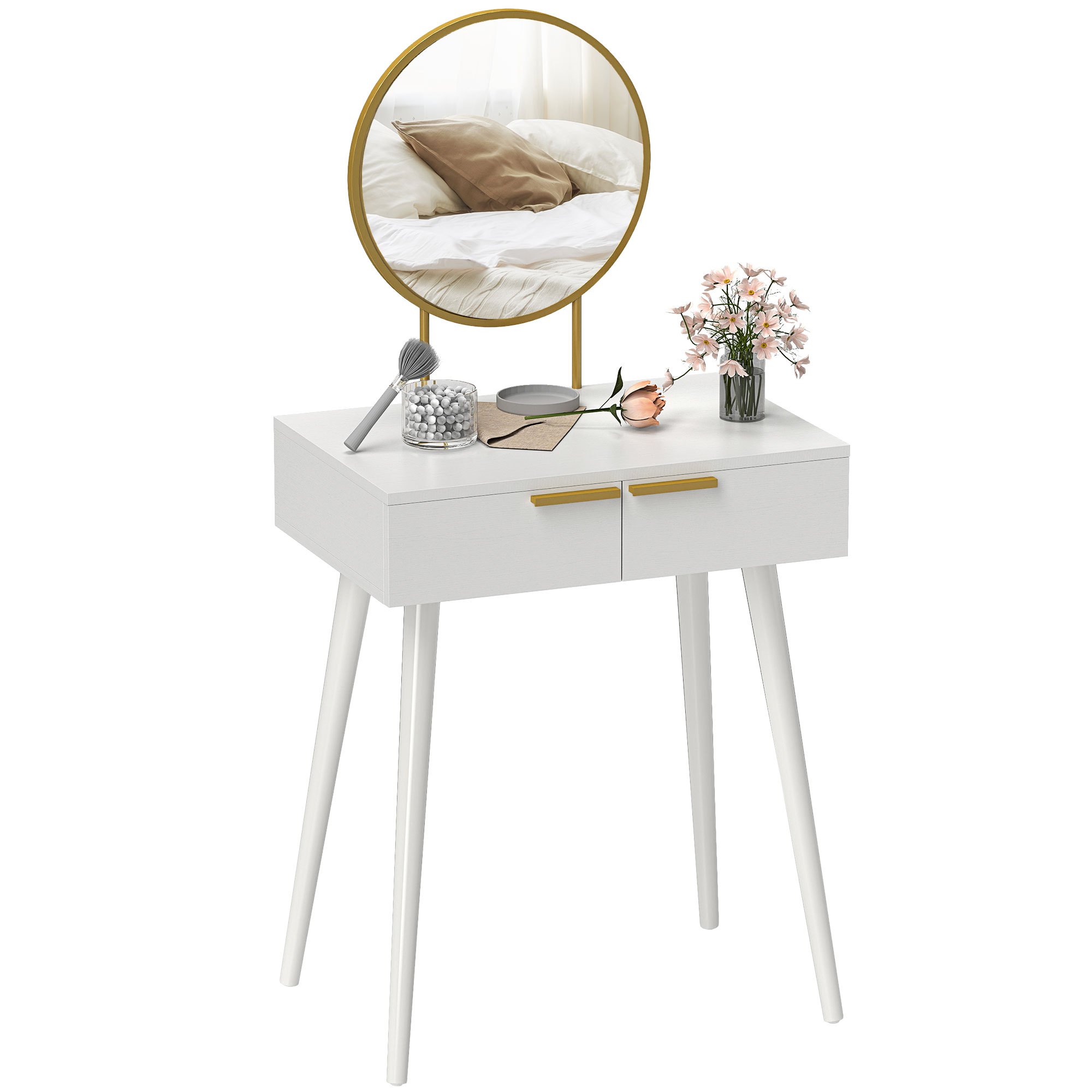 TEMU Modern Dressing Table With Round Mirror, Makeup Vanity Table With 2 Drawers For Bedroom, Living Room, 60 X 40 X 123 Cm, White