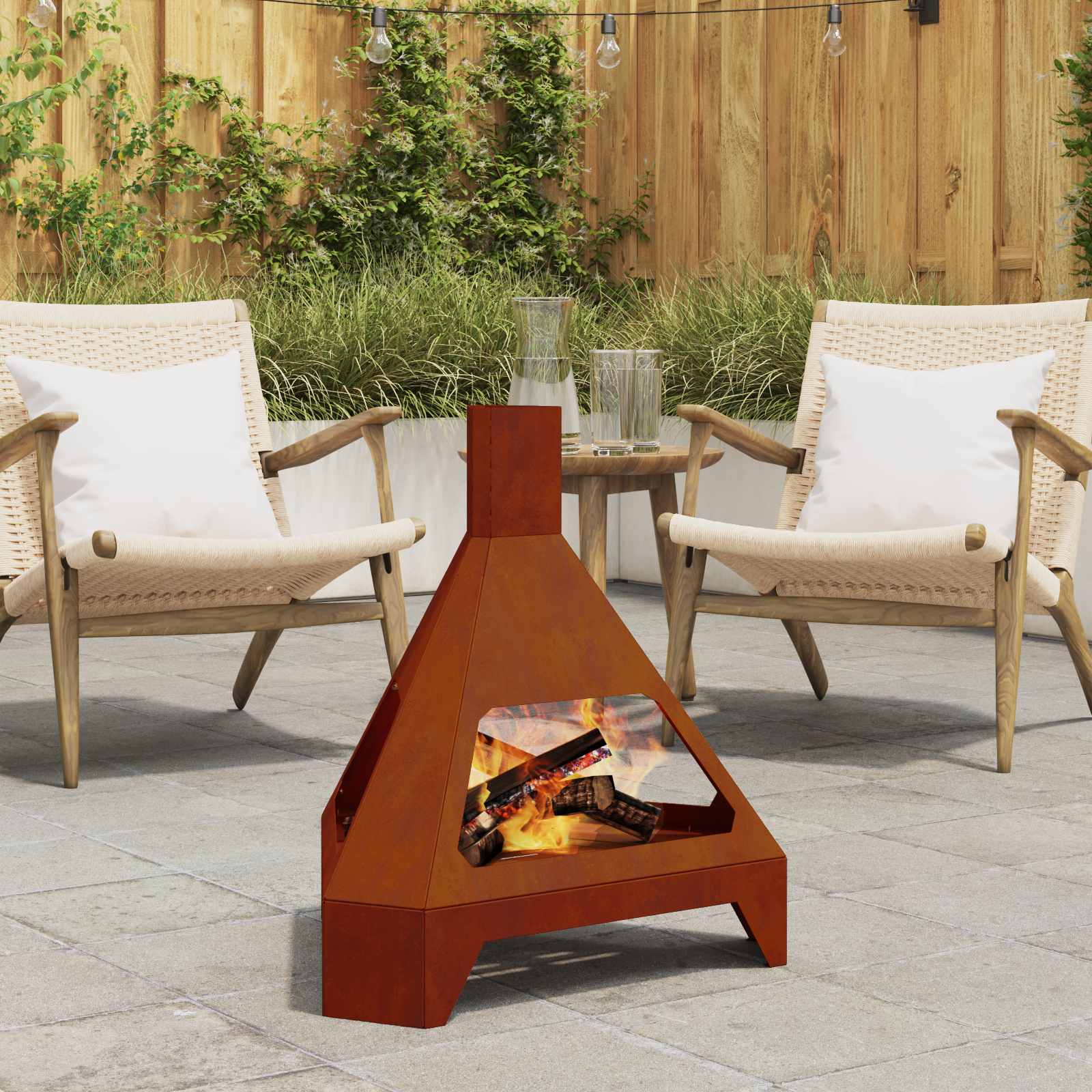 Image of Fire Pit With Rust Finish, 50 X 52 Cm, Weather-resistant Steel, For Garden And Terrace, Modern Triangular Design With Sturdy Wood Burner, Perfect Heating For Small Spaces