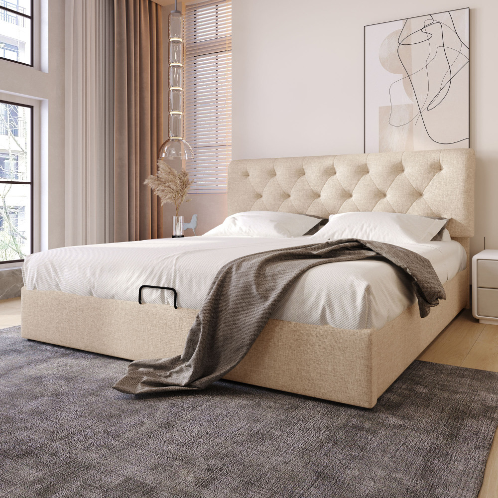 Height-adjustable Bed, 6 Cm Height Difference, 22-28 Cm Mattress Thickness, Hydraulic Storage Rod, Pine Wood Elastic Slats, Linen Fabric, Iron Pull Handles, 140x200 Cm, Simple Assembly