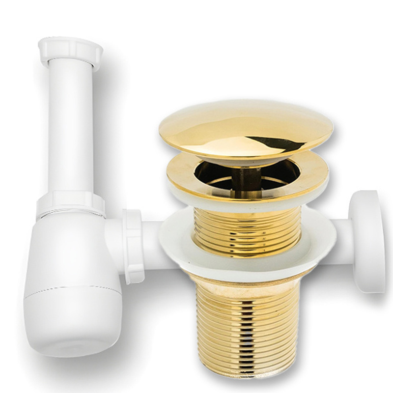 Set: Gold Click- Drainer Without Overflow + Sink Strainer For Washbasin