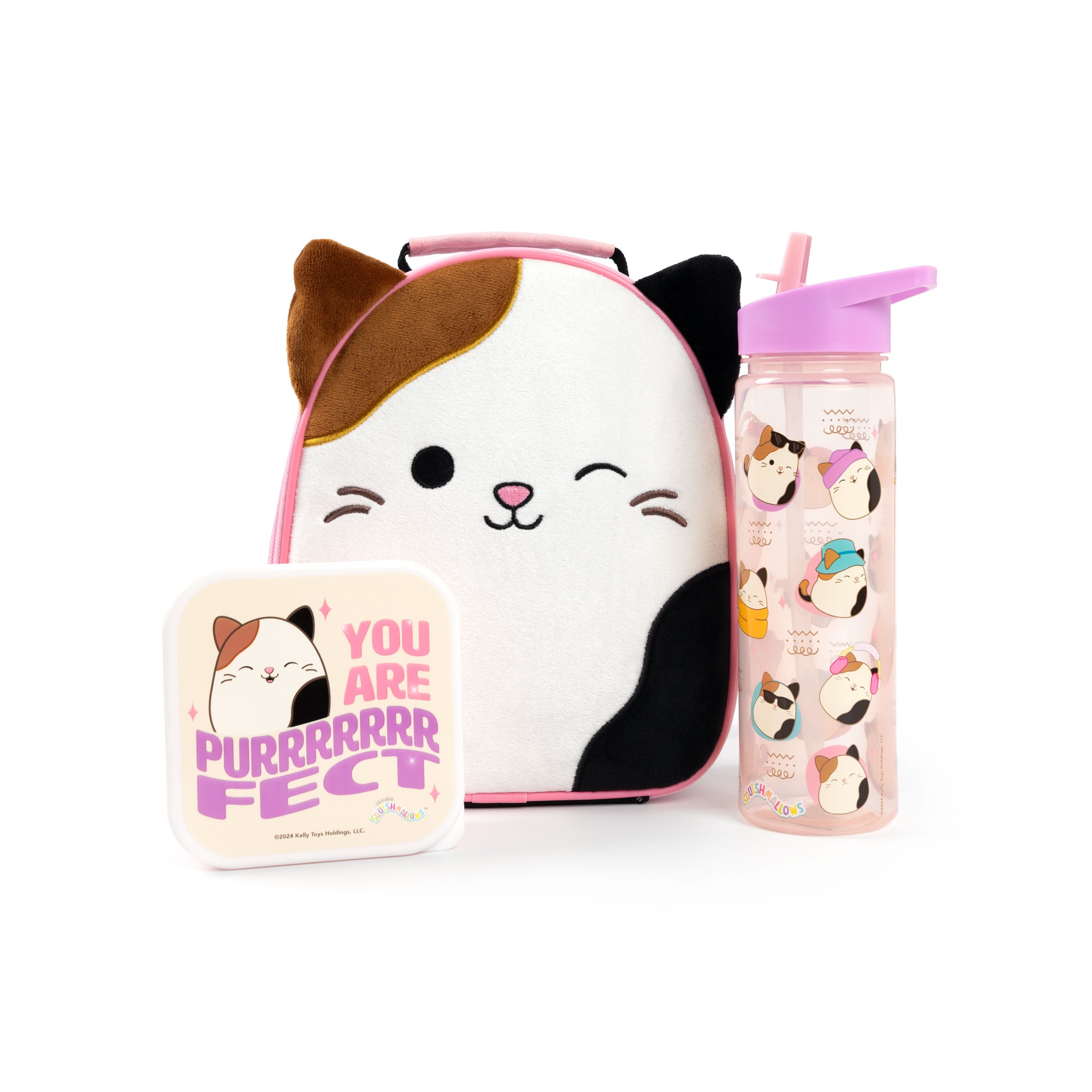 TEMU Girls Lunch Bag Set | Piece Bundle With Fluffy Dinner Bag, Water Bottle & Snack Pot | Childrens Plush Cam The Cat Zip Bag With 3d Ears In | Back
