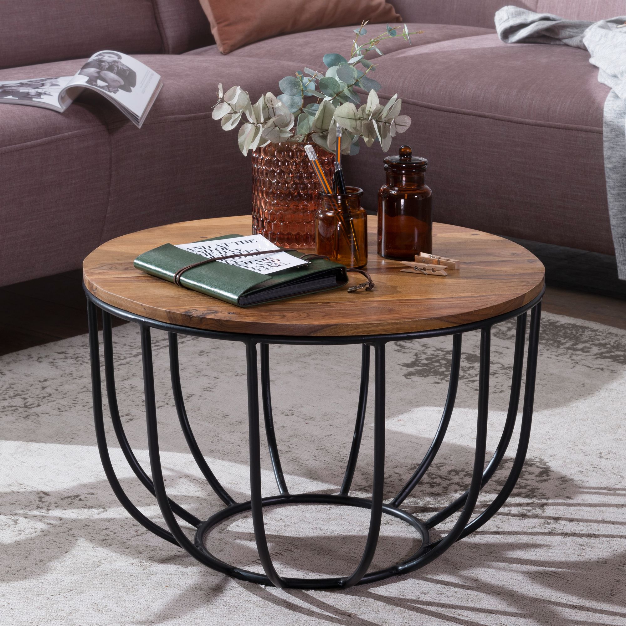 Coffee Table 60x39x60cm Solid Wood / Metal Basket Table, Design Sofa Table, Round Living Room Table, Solid Wood Coffee Table, Living Room Table
