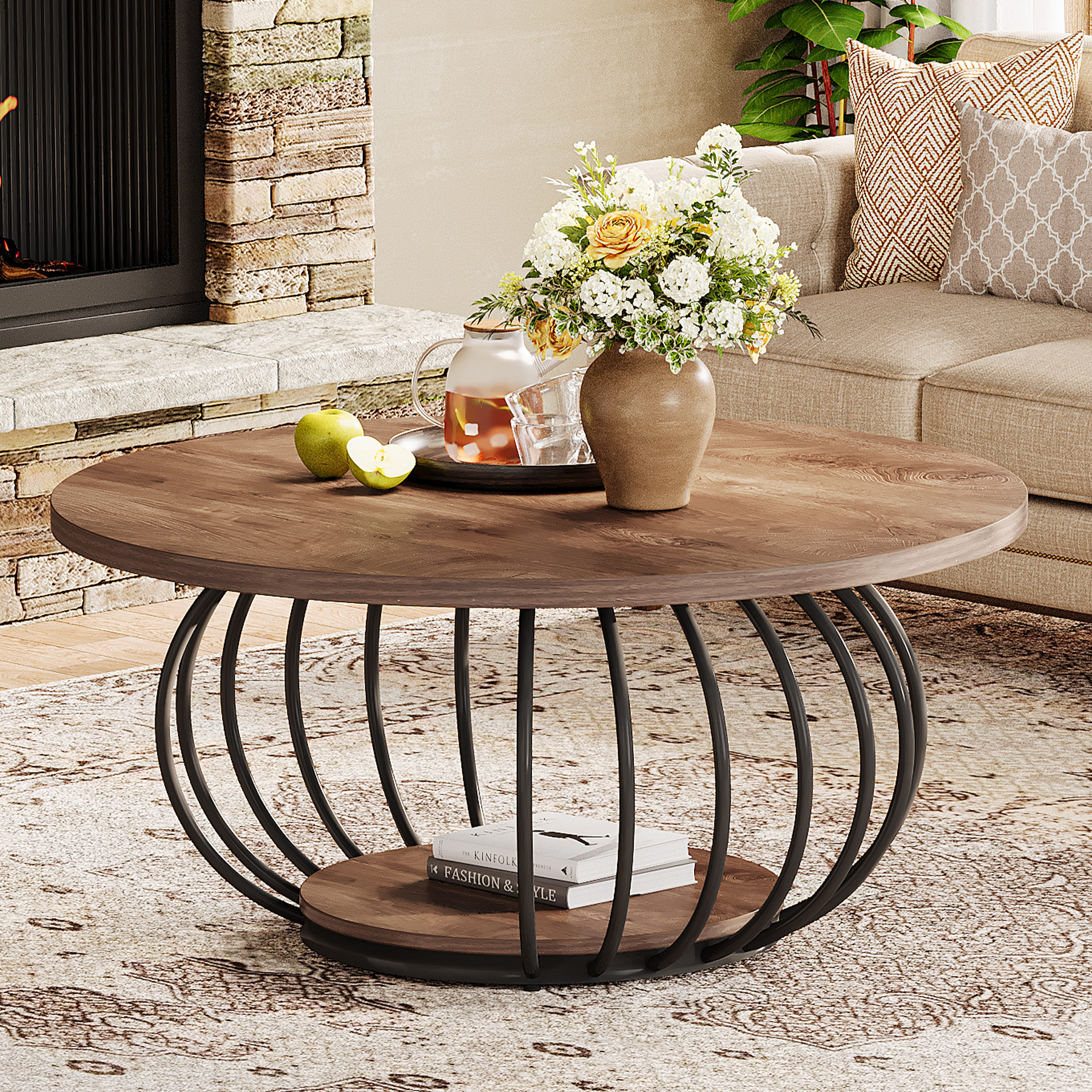 Image of Round Coffee Table With Storage, 2-tier Metal Frame, X 46 Cm, Wood Grain Finish, Modern Living Room Center Table