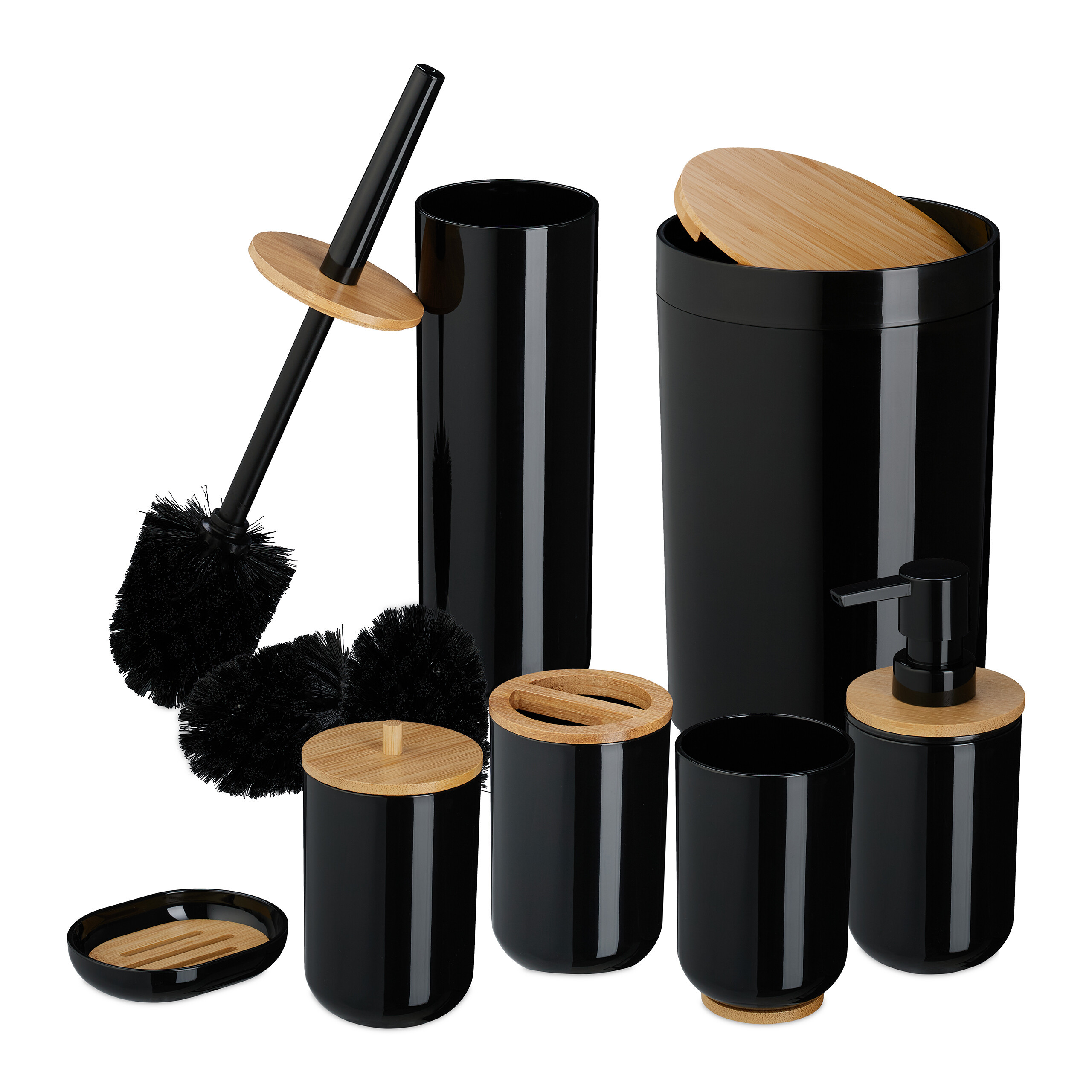 7pcs. Bathroom Set In Black/ Natural