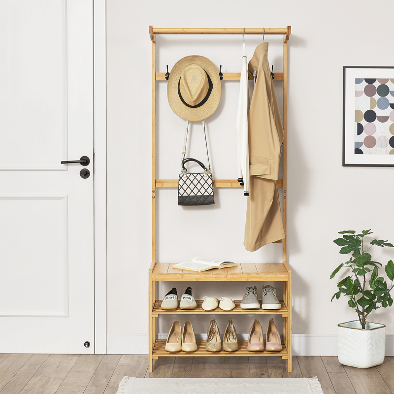 Image of Wardrobe Stands Tornio Clothes Stands With 2 Shelves And Hooks 168 X 70 X 35 Cm For Clothing Storage For Bedroom Hallway Living Room Made Of Natural Bamboo.