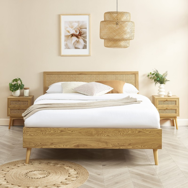 TEMU Lit double ELARA 160x200 cm effet avec tête de lit cannage rotin, sommier , style bohème naturel pour chambre