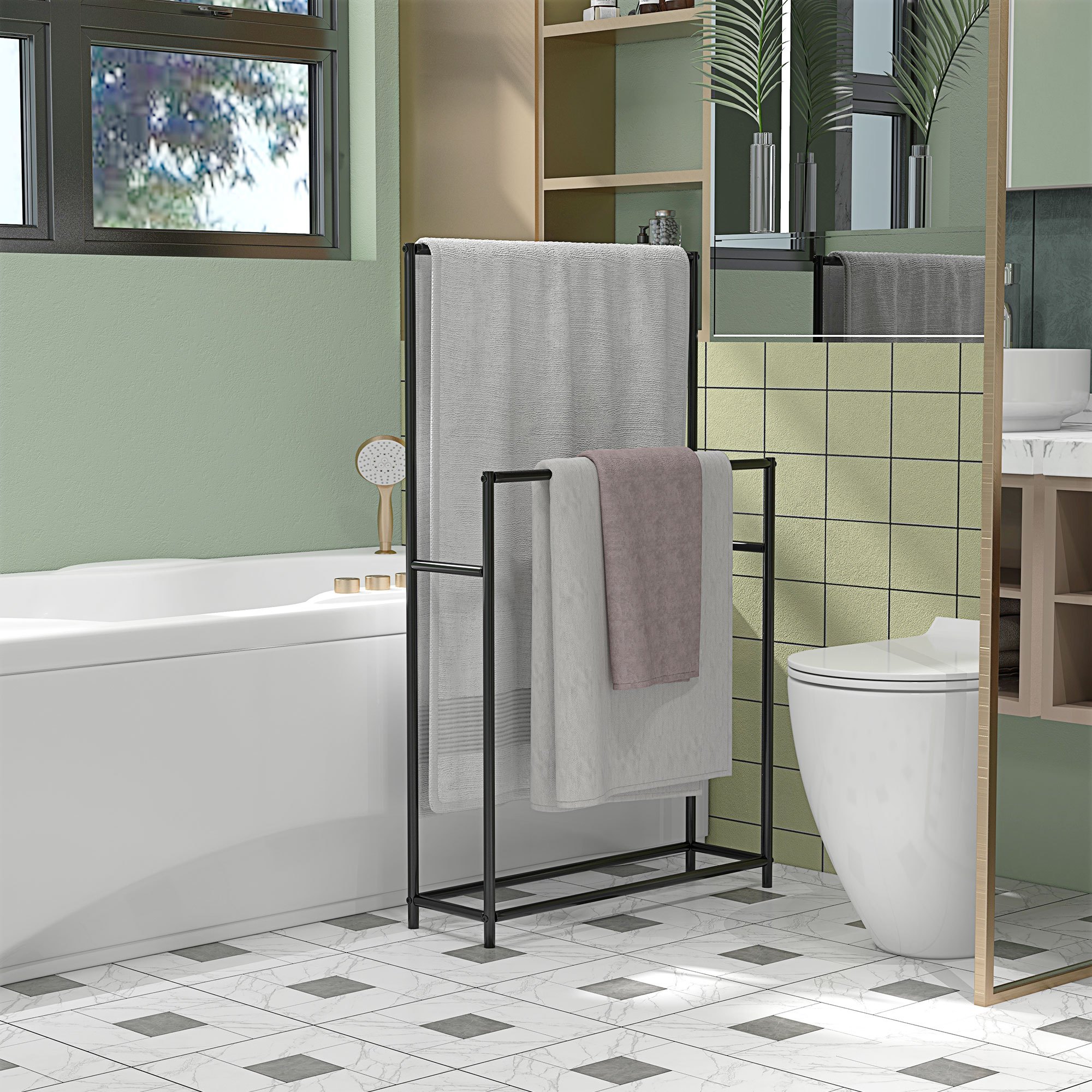 Towel Rack, Freestanding Towel Stand With 2 Towel Bars, Bath Towel Holder For Bathroom, Metal, 66 X 20 X 110 Cm, Black