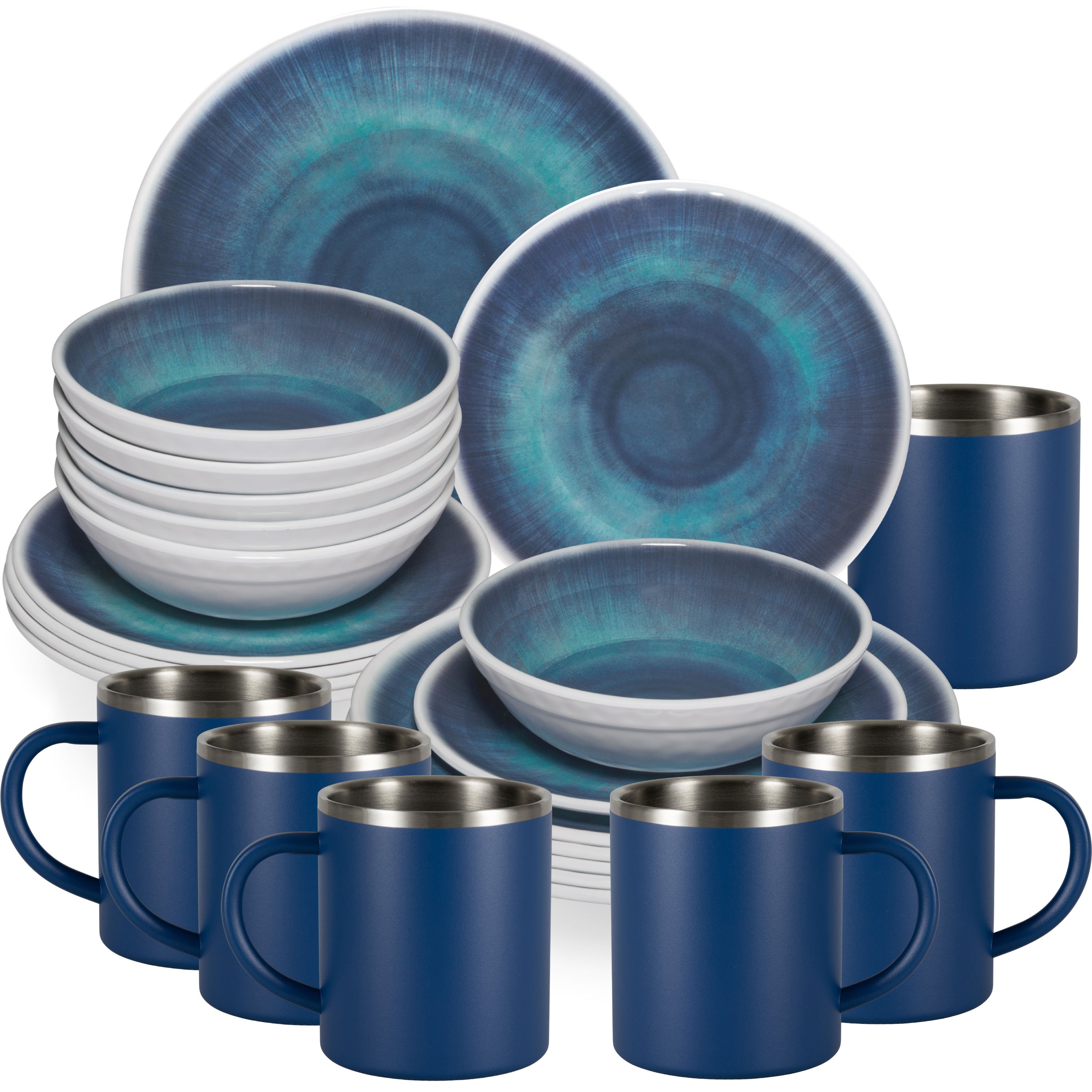 Melamine Dish Set Blue For 6 People 24pcs - With Stainless Steel Thermal Cups Stoneware Look Dishwasher Safe Tableware Camping Accessories Camping Dishware Camping Festival Picnic