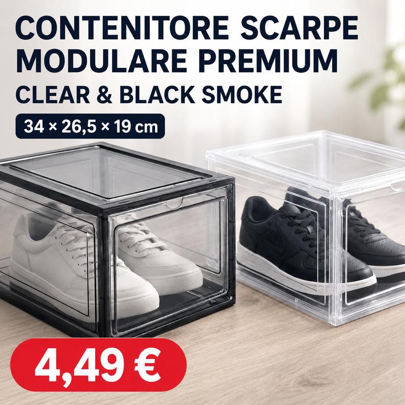 TEMU Modular Premium Shoe Container - Space-saving Box In Rigid Clear And Black Smoke Polymer 34x26.5x19 Cm