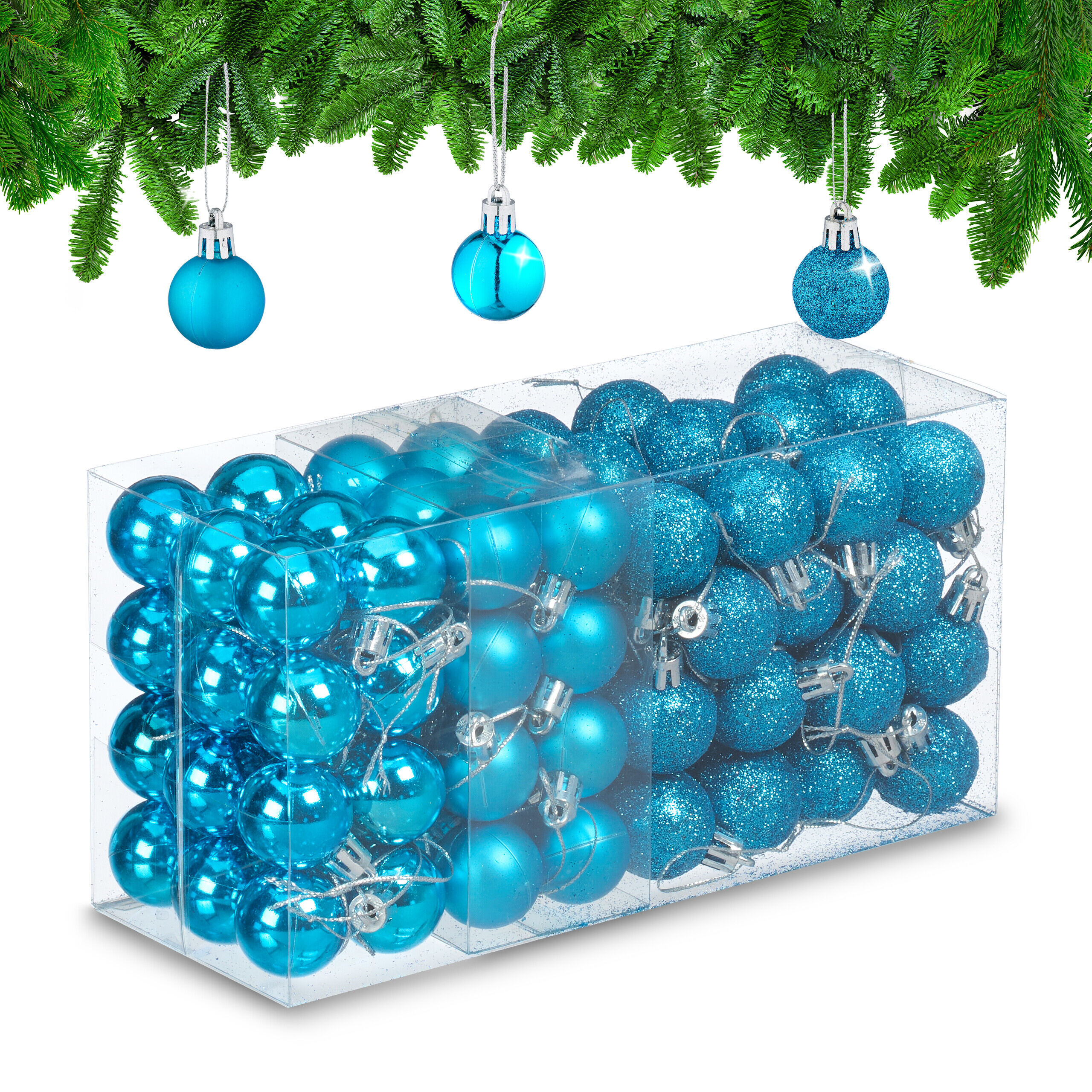 TEMU Weihnachtskugeln petrol, 96er Set, 4 x 3 cm, Kunststoff, matt, glänzend und glitzernd, mit Bändchen und Aufbewahrungsbox, für , Wohnzimmer und