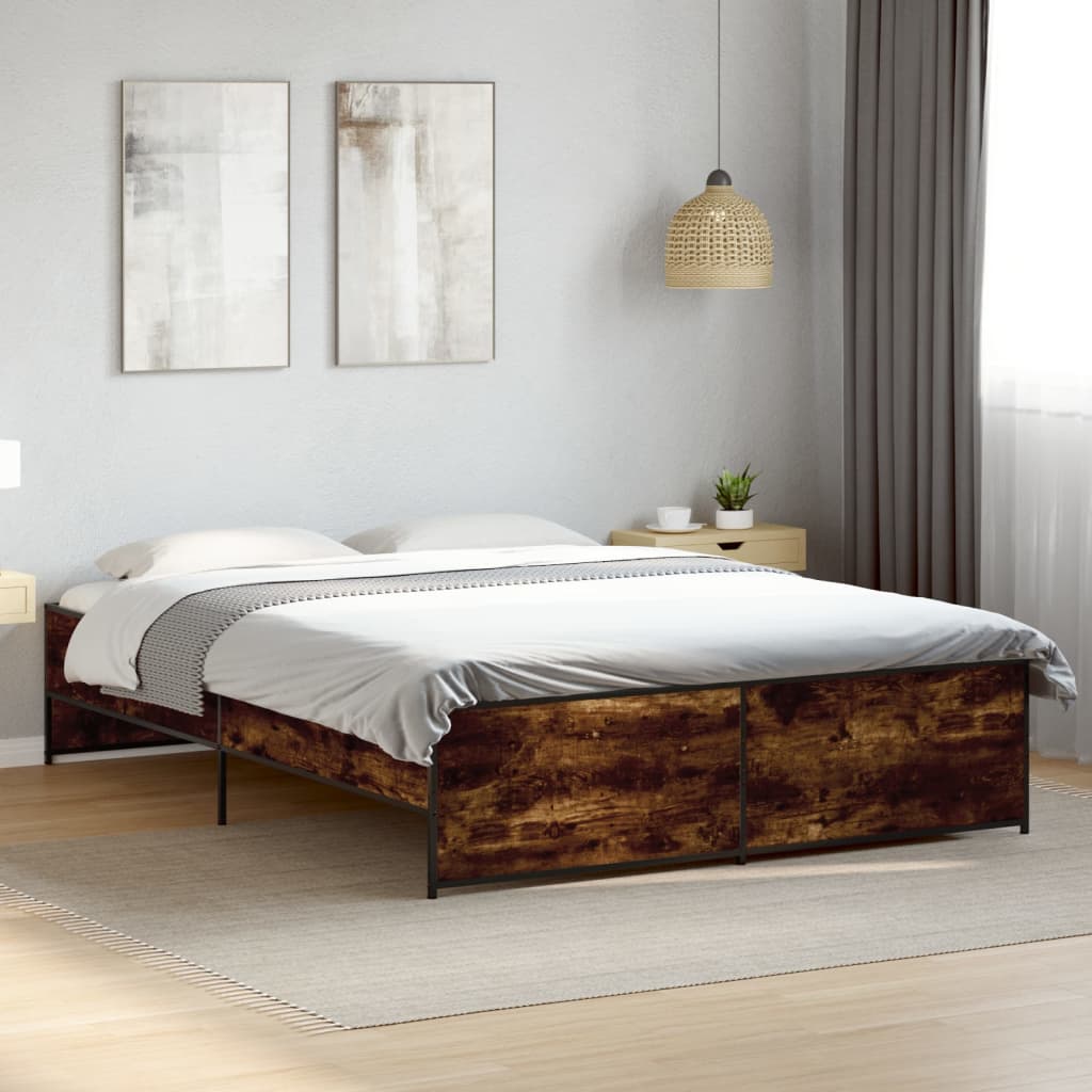 Image of Vidaxl Bed Frame, Bed With Metal Legs Chipboard Slats, Double Bed For Bedroom, Modern, Smoked Oak 160x200cm Wood Metal