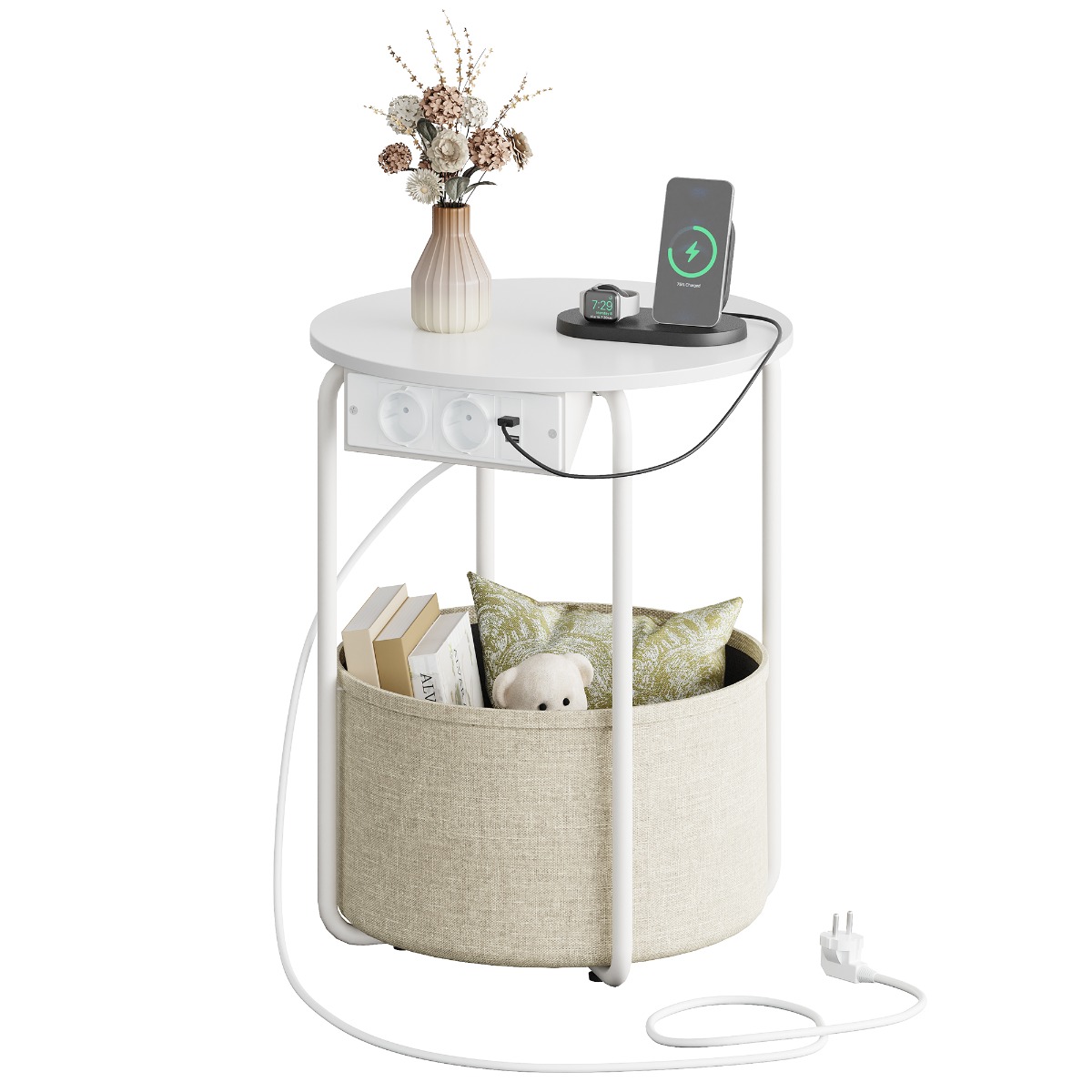 Side Table With Charging Station, Round End Table With Fabric Storage Basket, Small Coffee Table, Sofa Table For Living Room, Bedside Table With Metal Frame For Bedroom