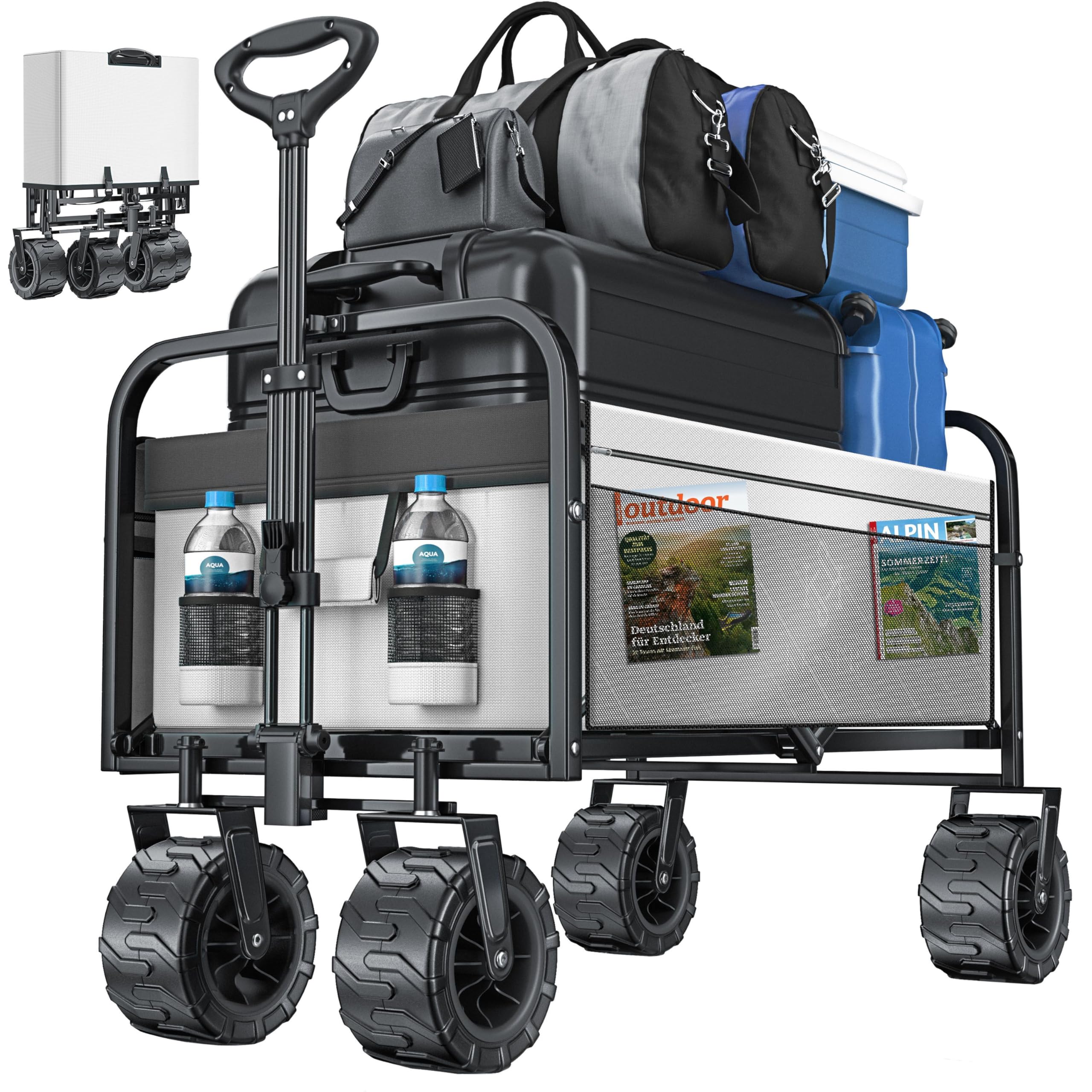 Kesser® Folding Cart Max. Loadable Up To 150kg With Full Rubber Tires | Hand Truck Transport Trolley | Equipment Trolley . 2 Mesh Pockets & Side Pocket | Folding Garden Trailer Transport Cart