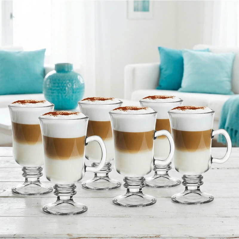 TEMU Complete Set Of 6 Irish Glasmark 1992 200ml Transparent Glass Cups With A Handle, Elegant, Designer, Classic, Modern, For Coffee, Latte, , Iced