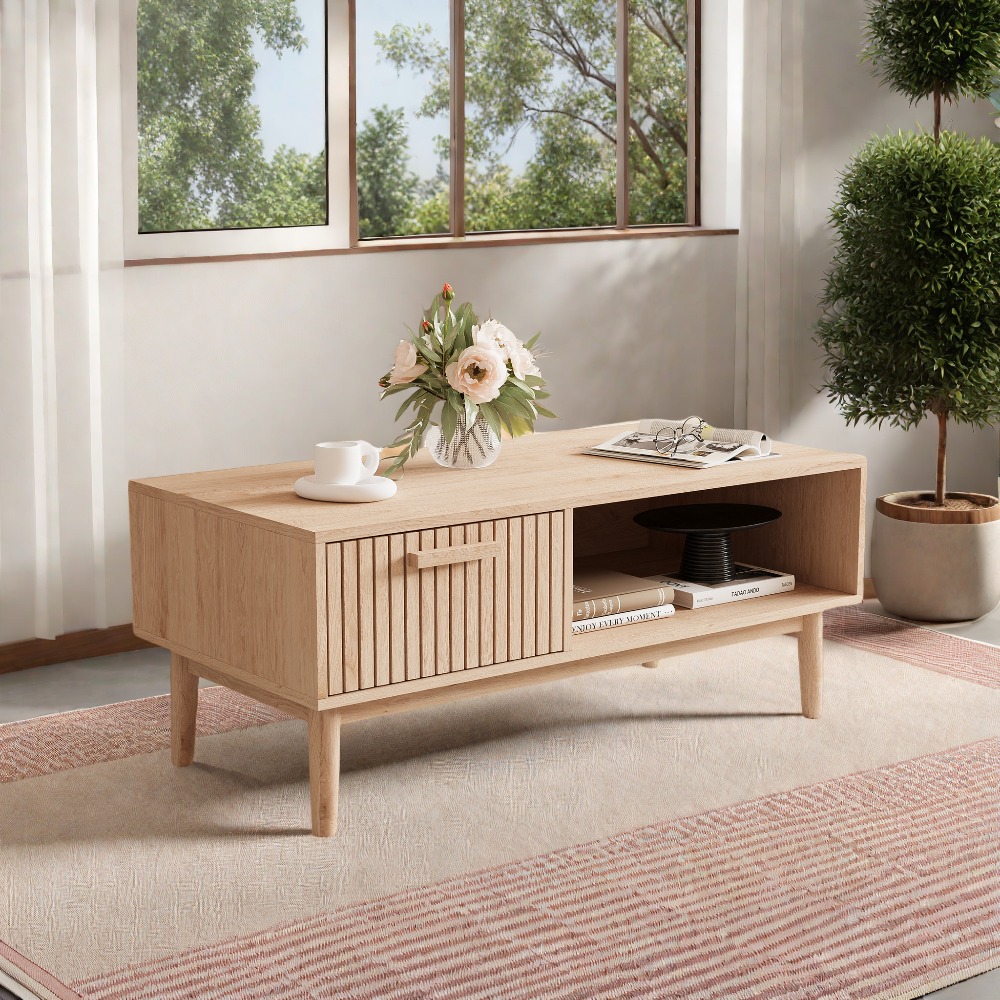 TEMU Mesa de Café de Ratán con Cajón y Estante - Estilo Retro Boho - 100 cm - para TV - Mesa para Sala, Dormitorio y - Natural, Djgfh.F4SA5G