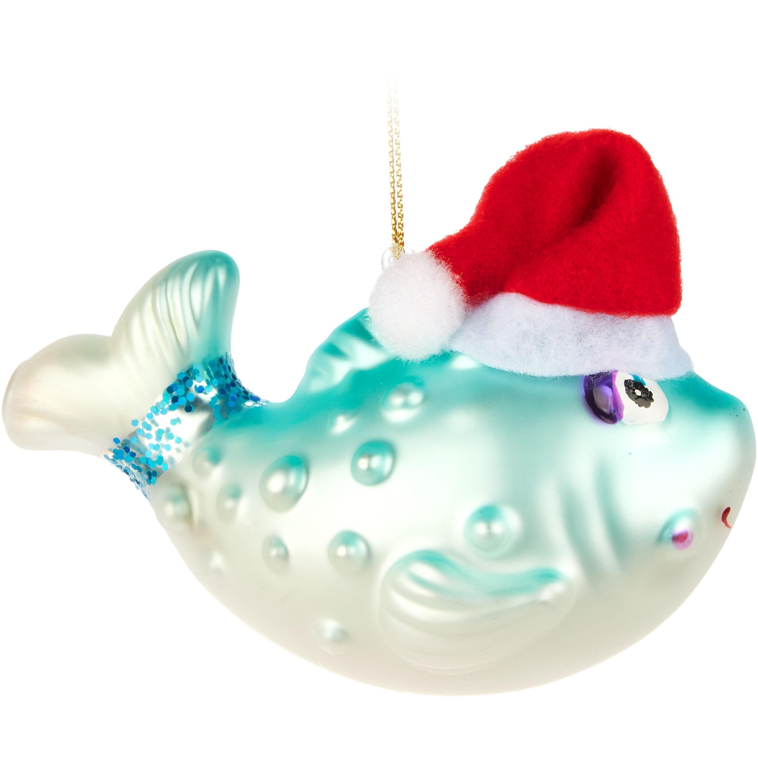Image of Brubaker Fish With Christmas Hat - Hand-painted Glass Christmas Ornament - Dear Blue Pufferfish - Mouth-blown Christmas Tree Decoration Figure - Funny Decorative Pendant - Tree Ornament 11 Cm