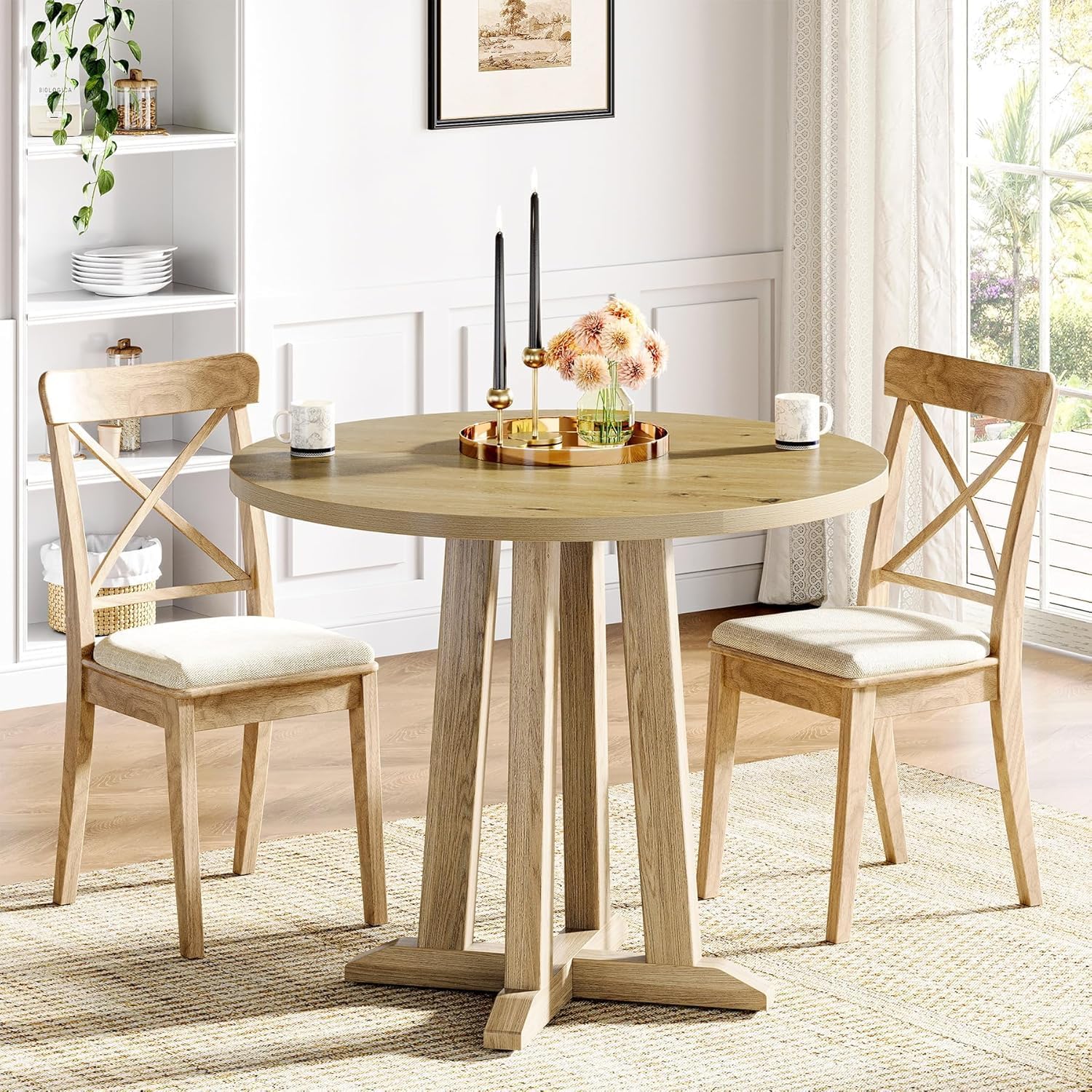 Round Dining Table, Diameter 80 Cm, With Wooden Table Top And Legs, Suitable For 2-, Versatile As A Kitchen Table Or Dining Table Area, Natural .