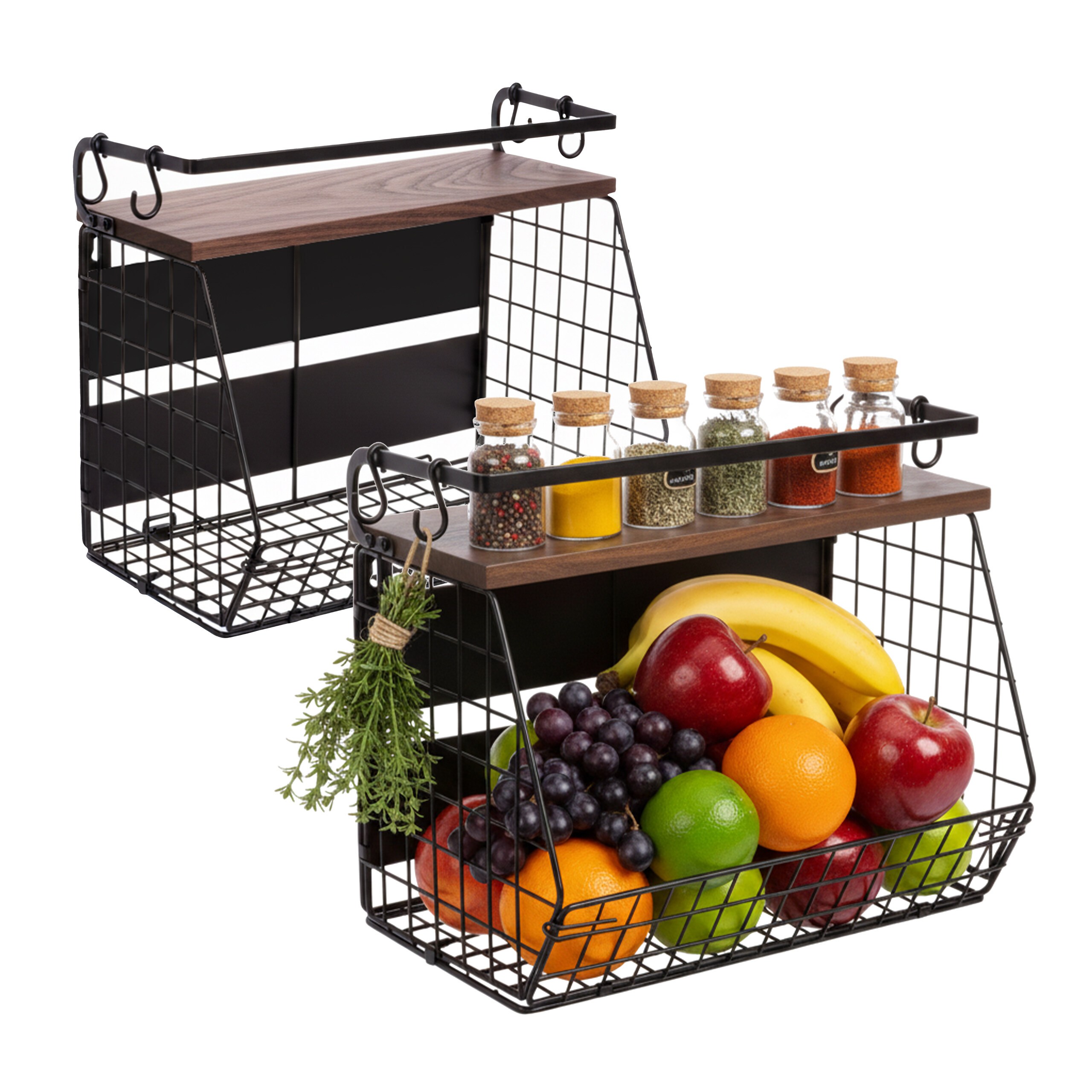 2 X Fruit Basket Wall Shelf In Black/dark Brown – (w)35.5 X (h)30 X (d)21 Cm