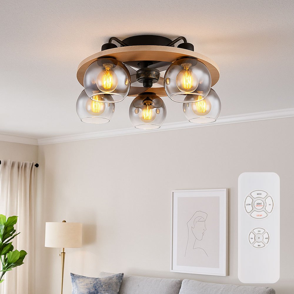 Image of Ceiling Fan With Remote Control, Ceiling Light, Wooden Fan, Fan Lamp, Retro Smoked Glass, Metal Glass, 5x E27, Dxh 55x21.5 Cm