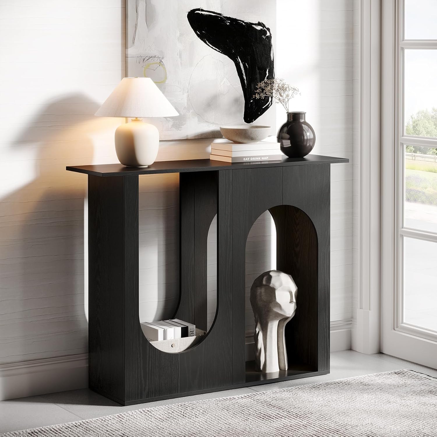 Image of Vintage 90 Console Table, Narrow Sofa Table Behind The Couch With Arched Design, Modern Foyer Console Table For Entrance, Hallway, Living Room, , Easy Assembly