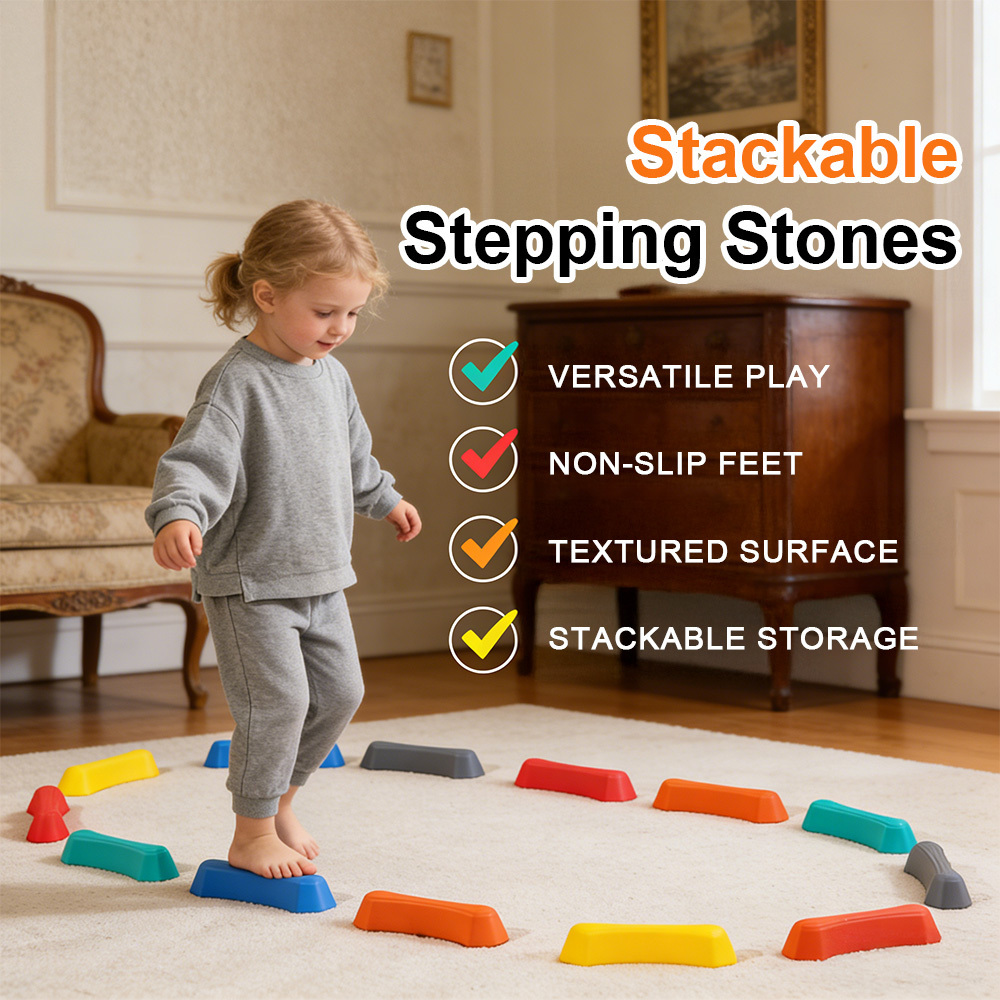 Image of 12pcs Stepping Stones For Kids Multicolor Sensory Balance Beam Kids Stepping Stones With Non-slip Textured Surface & Foot Pads For Coordination And Stability
