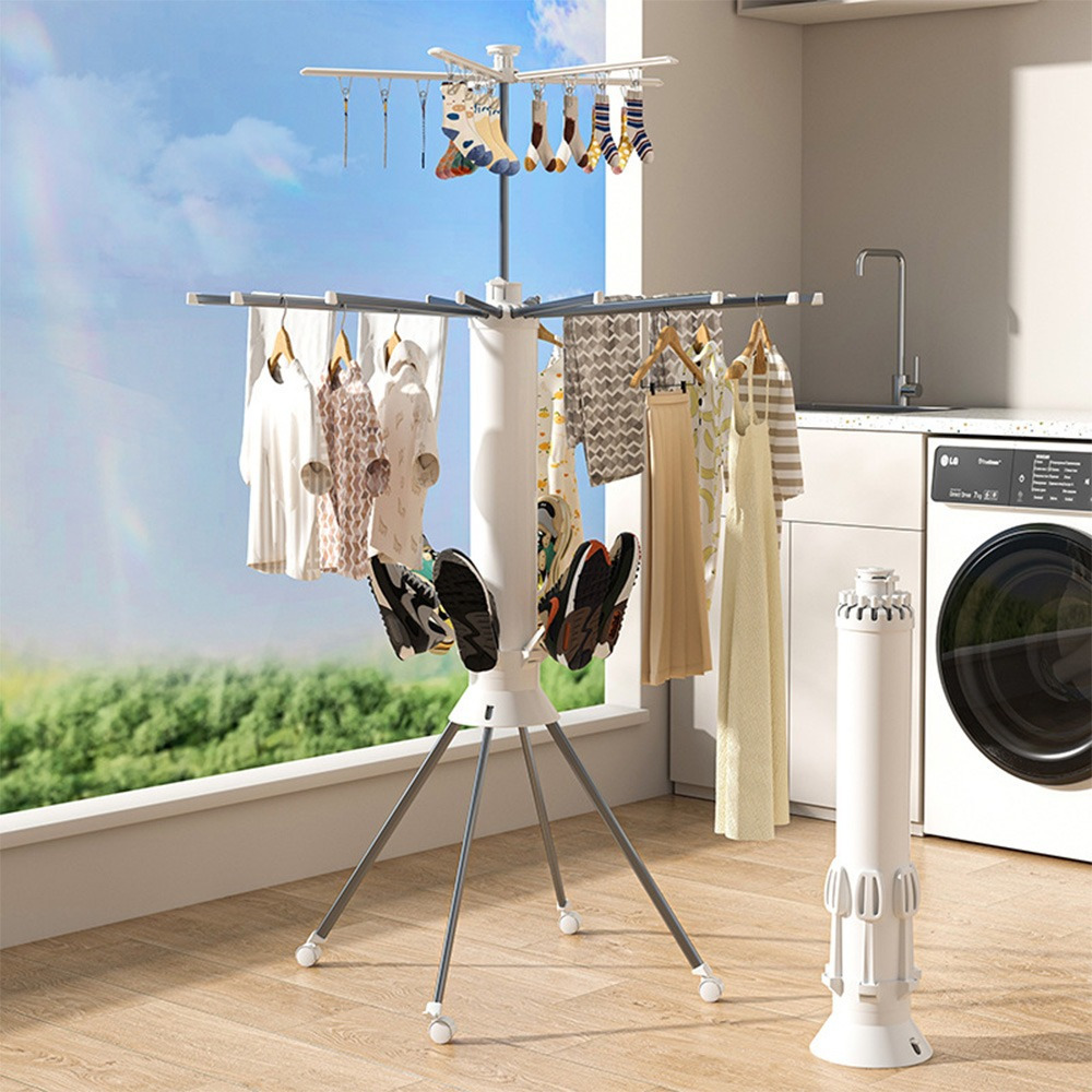 2 Tier Clothes Drying Rack, Laundry Drying Rack Garment Rack Portable And Foldable Dry Rack With 4 Pulleys 16 Poles 360° Octopus For Indoor Outdoor Balcony Courtyard