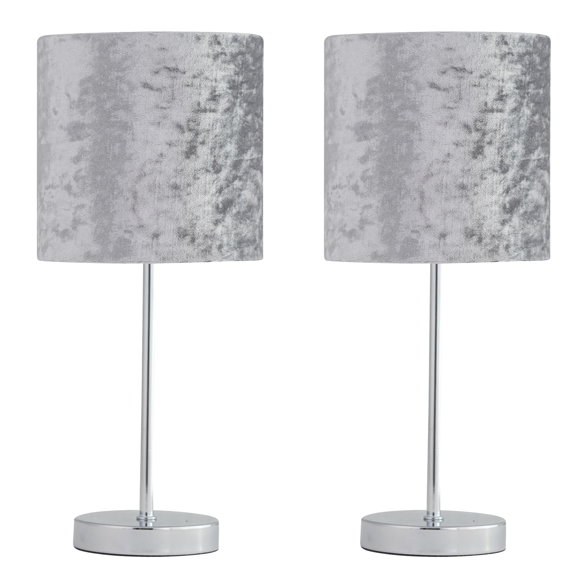 First Choice Lighting Set of 2 Chrome Stick Table Lamps with Grey Crushed Velvet Shades in Silver