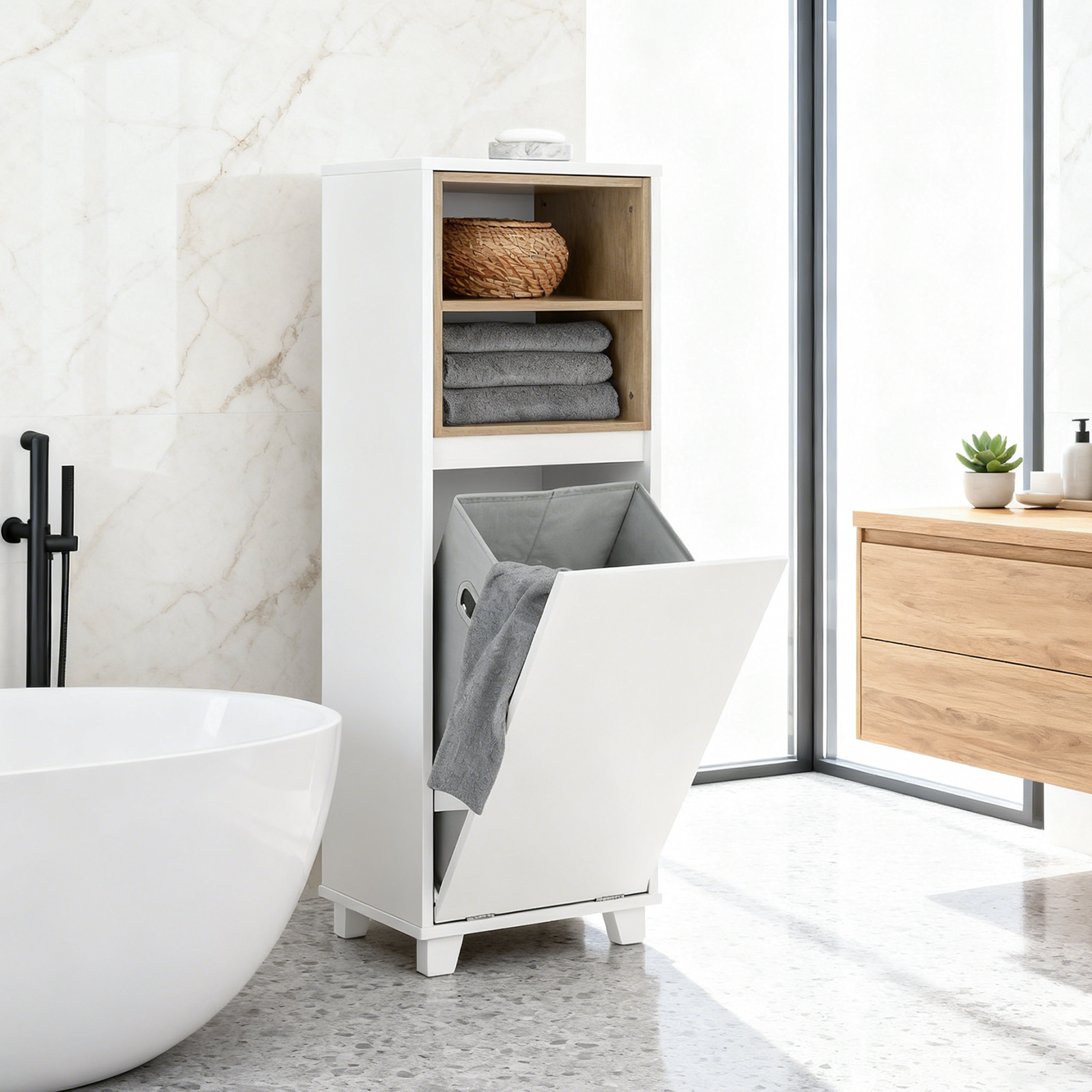 TEMU 1-piece Bathroom Cabinet, Bathroom Shelf, Half-column Furniture On Stand, Cabinet For Narrow Toilet With 1 Laundry Basket, White, 35x30x105cm -