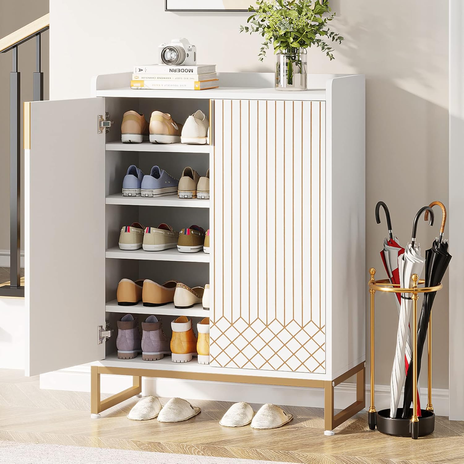 Image of Modern Shoe Cabinet With 2 Doors, 73 X 35 X 105 Cm, Shoe Rack For 25 Pairs, Shoe Cabinet White With Golden Metal Frame, Narrow Shoe Cabinet, Hallway Shoe Chest Of Drawers In , White