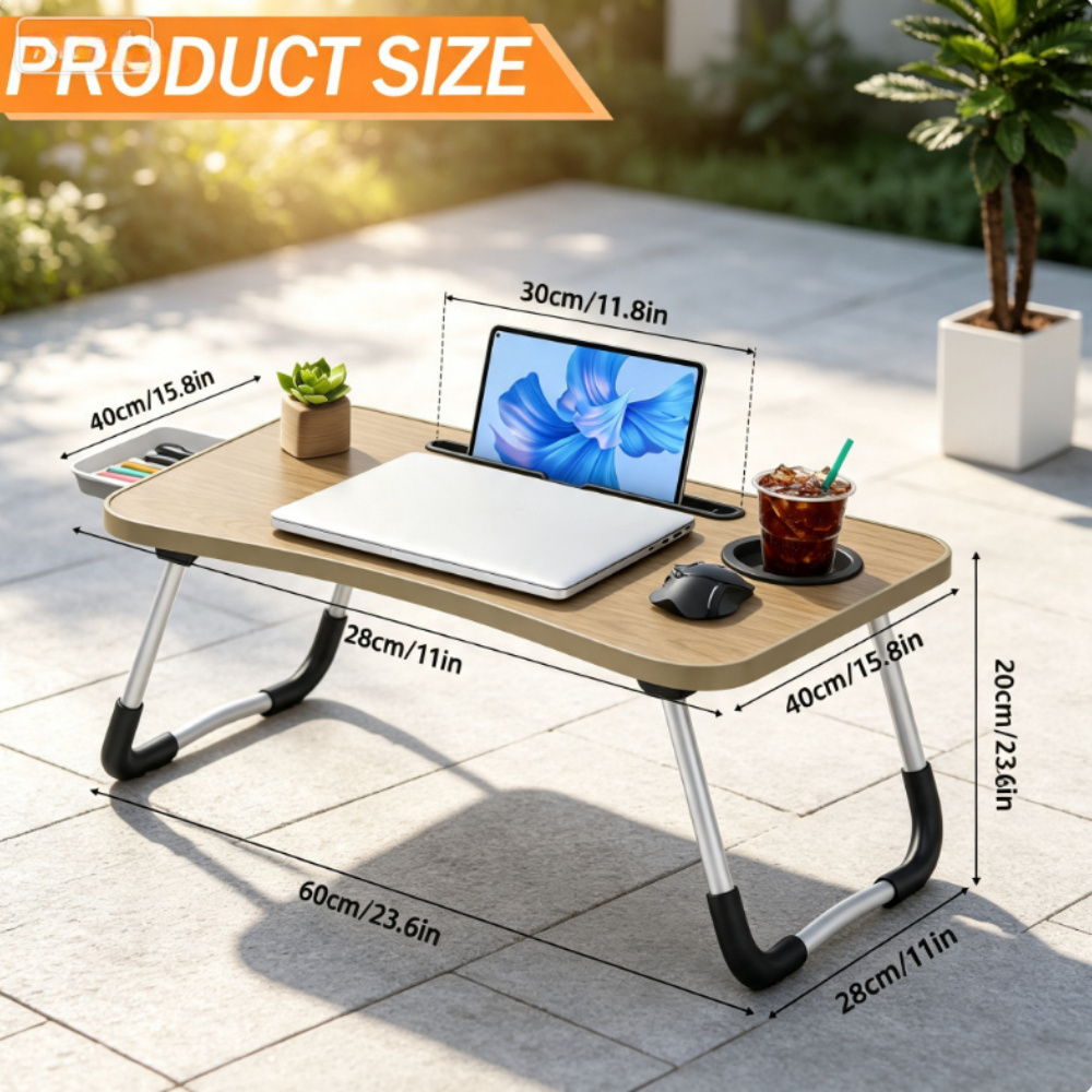 Image of Folding Laptop Table 60x40x28 Cm - Portable Bed Table With Cup Holder, Design For Home Office, Reading, Breakfast.