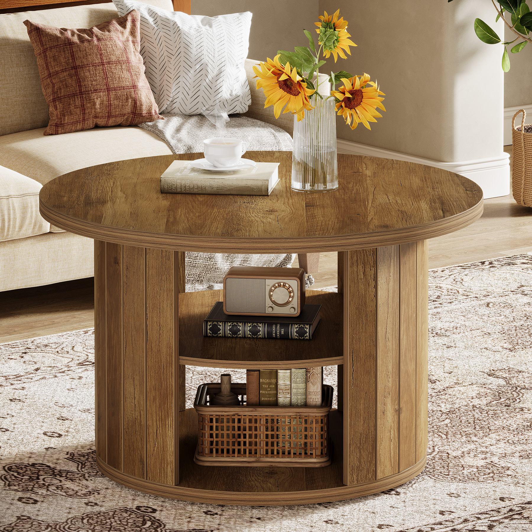 Image of Round Coffee Table, Industrial Living Room Table With Storage, 80 Cm, Small Side Table Wooden For Living Room, Home Office, Country Brown