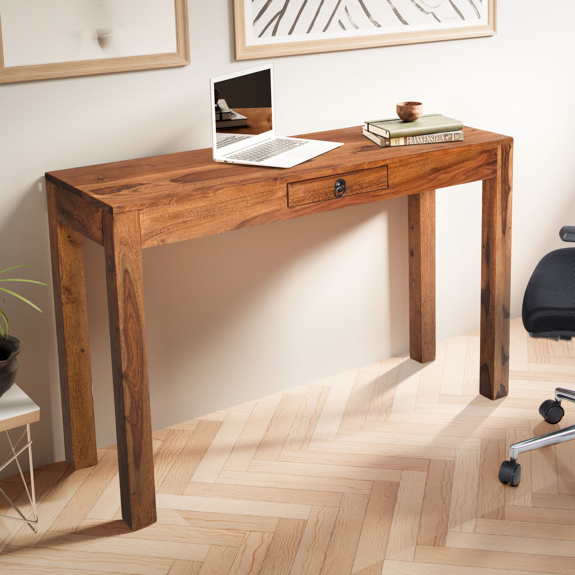 Desk 118x40x76 Cm Solid Wood Computer Desk With Drawer, Home Office Narrow Space- Desk, Wooden Laptop Table With Storage For Study Room