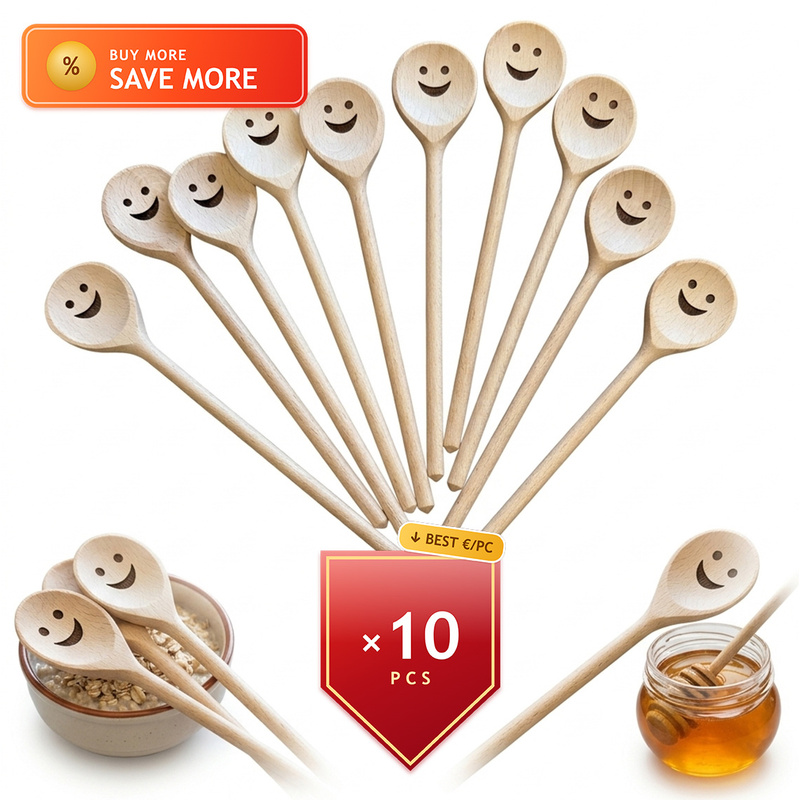Image of 10pcs Wooden Spoon Set, 20 Cm, With "smile" Cutout, For Cooking